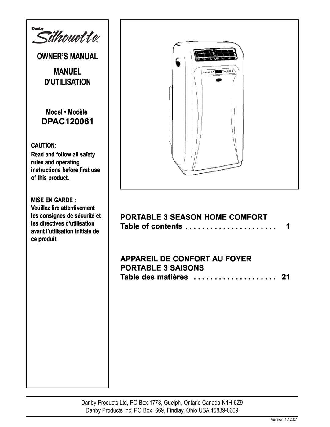 Danby DPAC120061 owner manual Model Modèle, APPAREIL DE CONFORT AU FOYER PORTABLE 3 SAISONS, Advertencia 