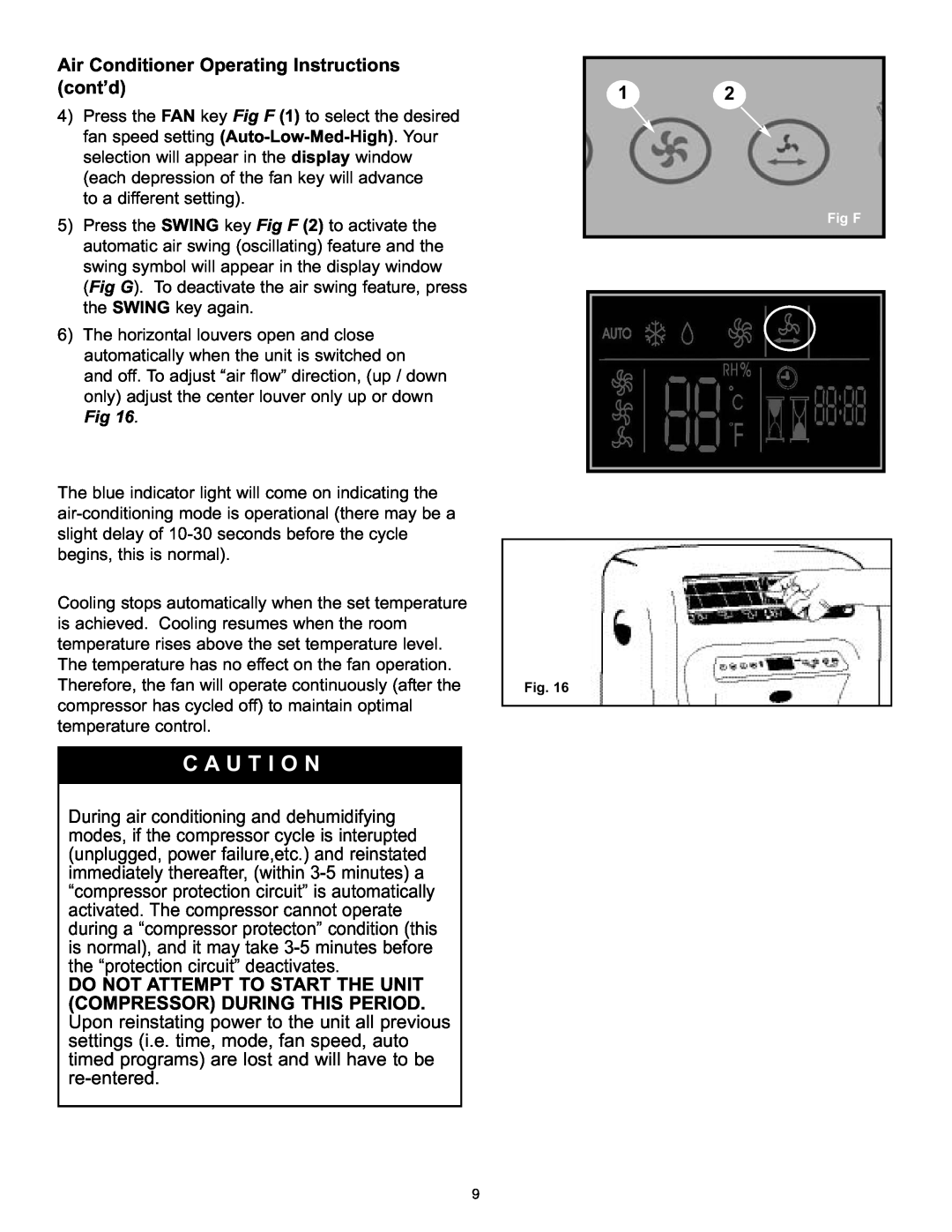 Danby DPAC120061 owner manual C A U T I O N During air, Air Conditioner Operating Instructions cont’d 