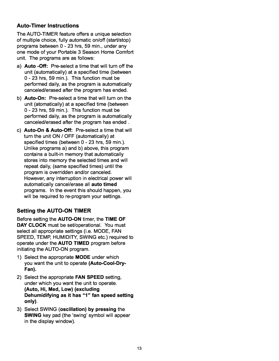 Danby DPAC120061 owner manual Auto-TimerInstructions, Setting the AUTO-ONTIMER 