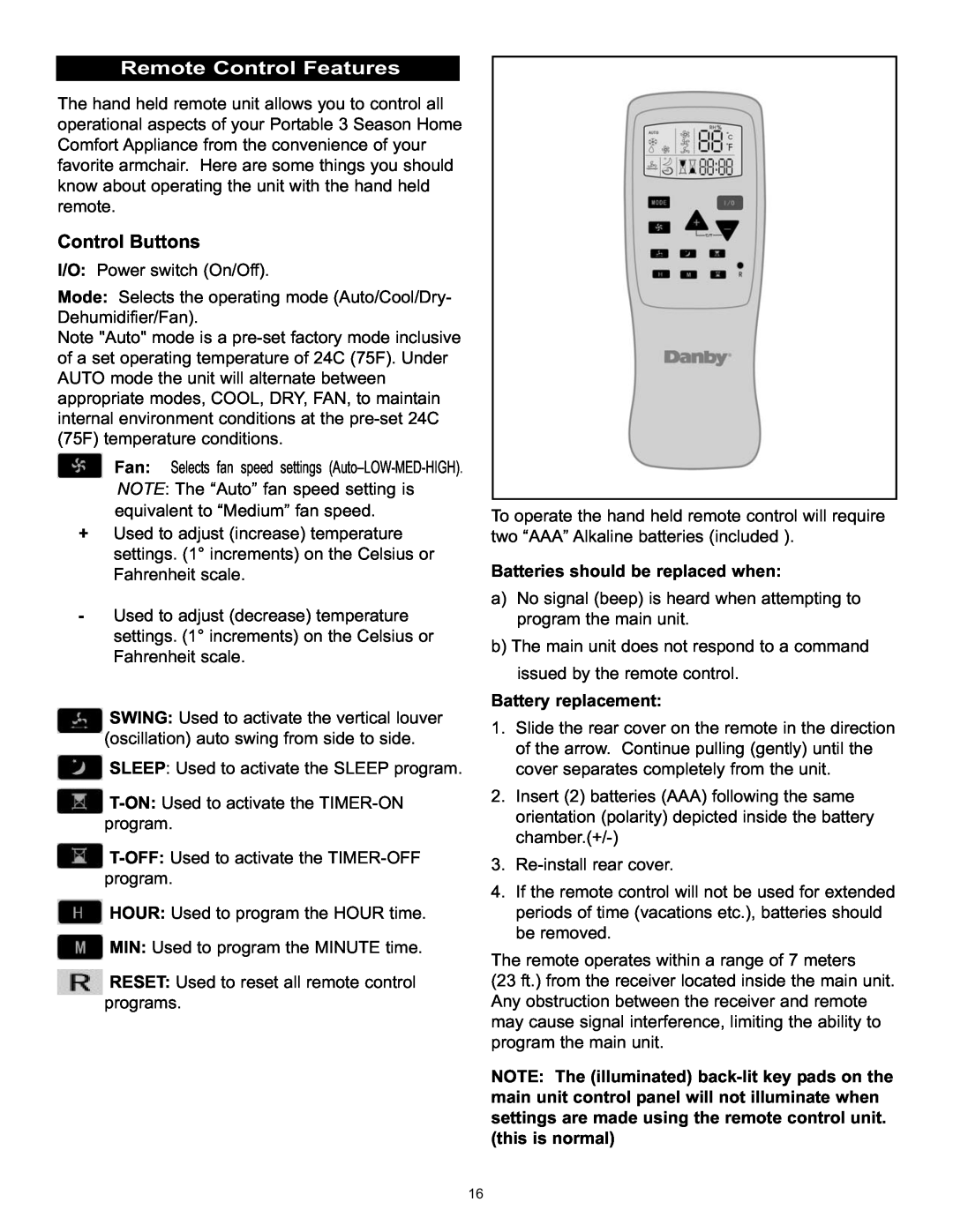 Danby DPAC120061 Remote Control Features, Control Buttons, Batteries should be replaced when, Battery replacement 