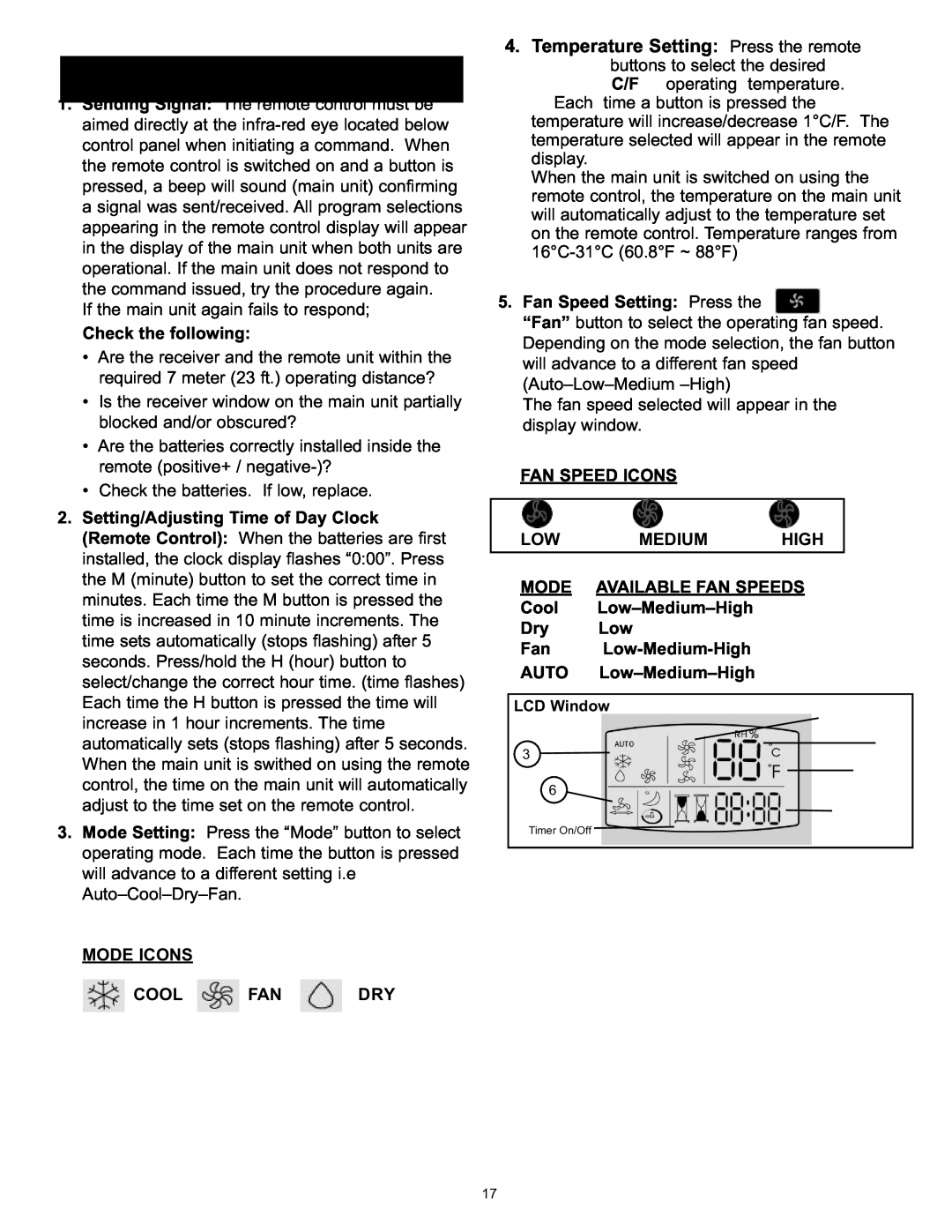 Danby DPAC120061 Remote Control Operating Instructions, Check the following, Mode Icons Cool Fan Dry, Fan Speed Icons 