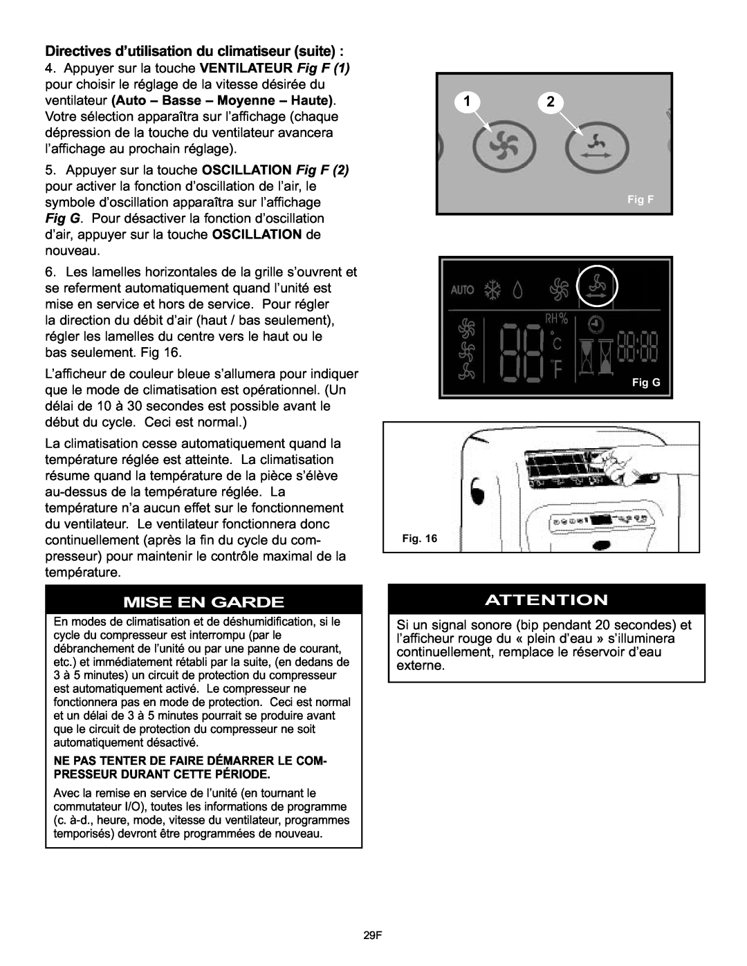Danby DPAC120061 owner manual Directives d’utilisation du climatiseur suite, Mise En Garde, Fig F Fig G 