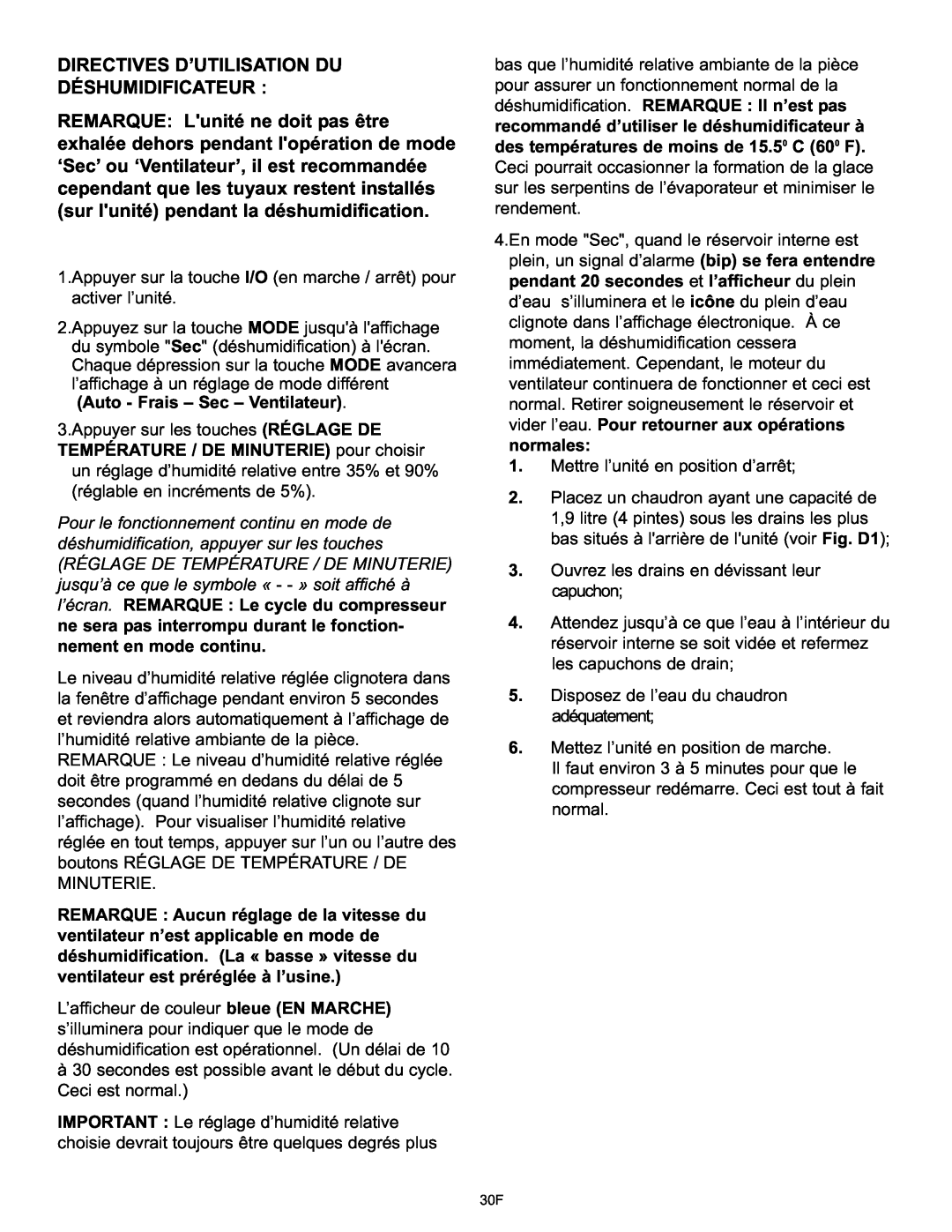 Danby DPAC120061 owner manual Directives D’Utilisation Du Déshumidificateur 