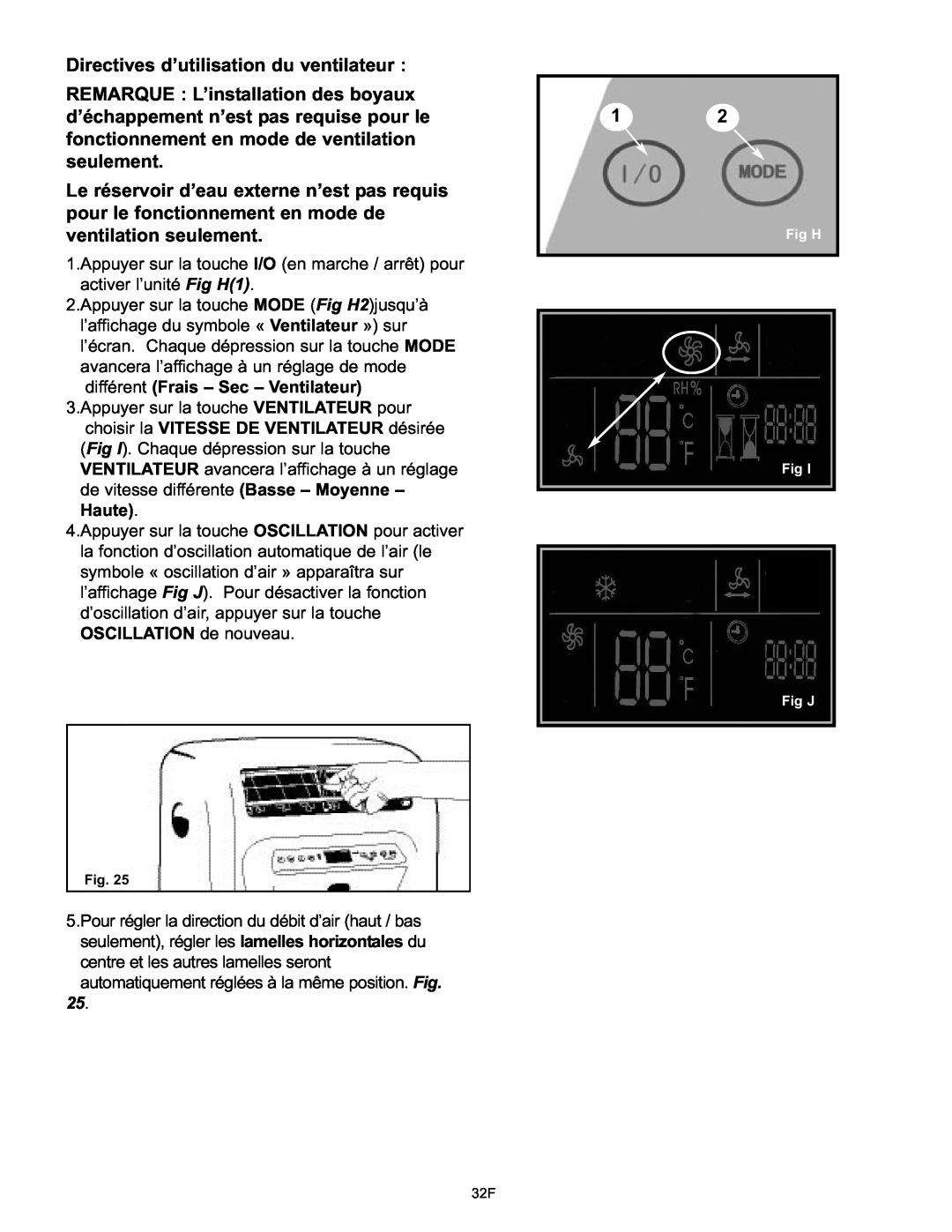 Danby DPAC120061 owner manual Directives d’utilisation du ventilateur 
