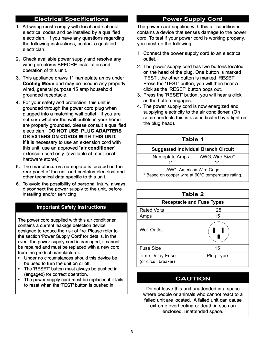 Danby DPAC120061 owner manual Electrical Specifications, Power Supply Cord, Important Safety Instructions 