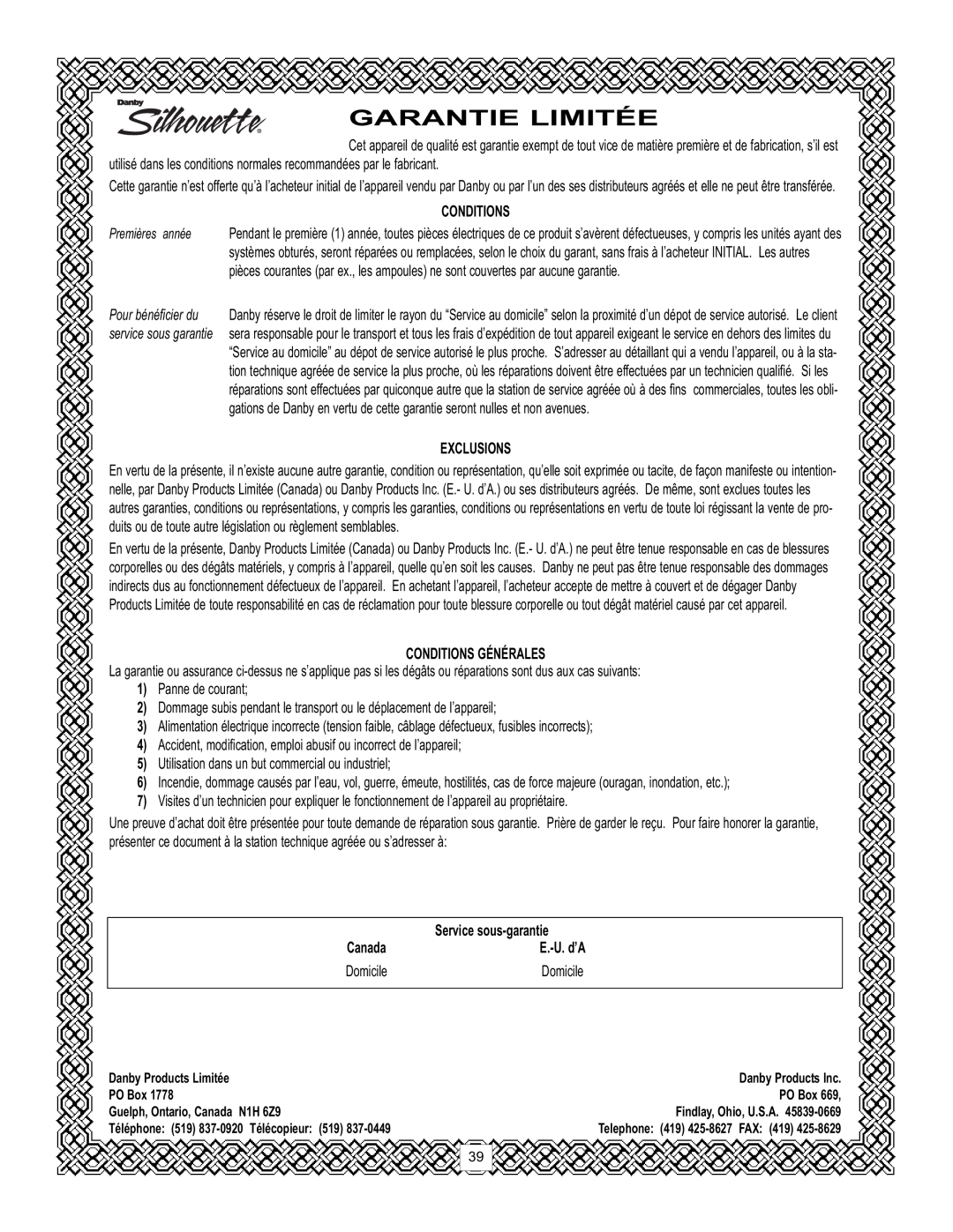 Danby DPAC120061 Garantie Limitée, Exclusions, Conditions Générales, Service sous-garantie, Canada, Domicile 