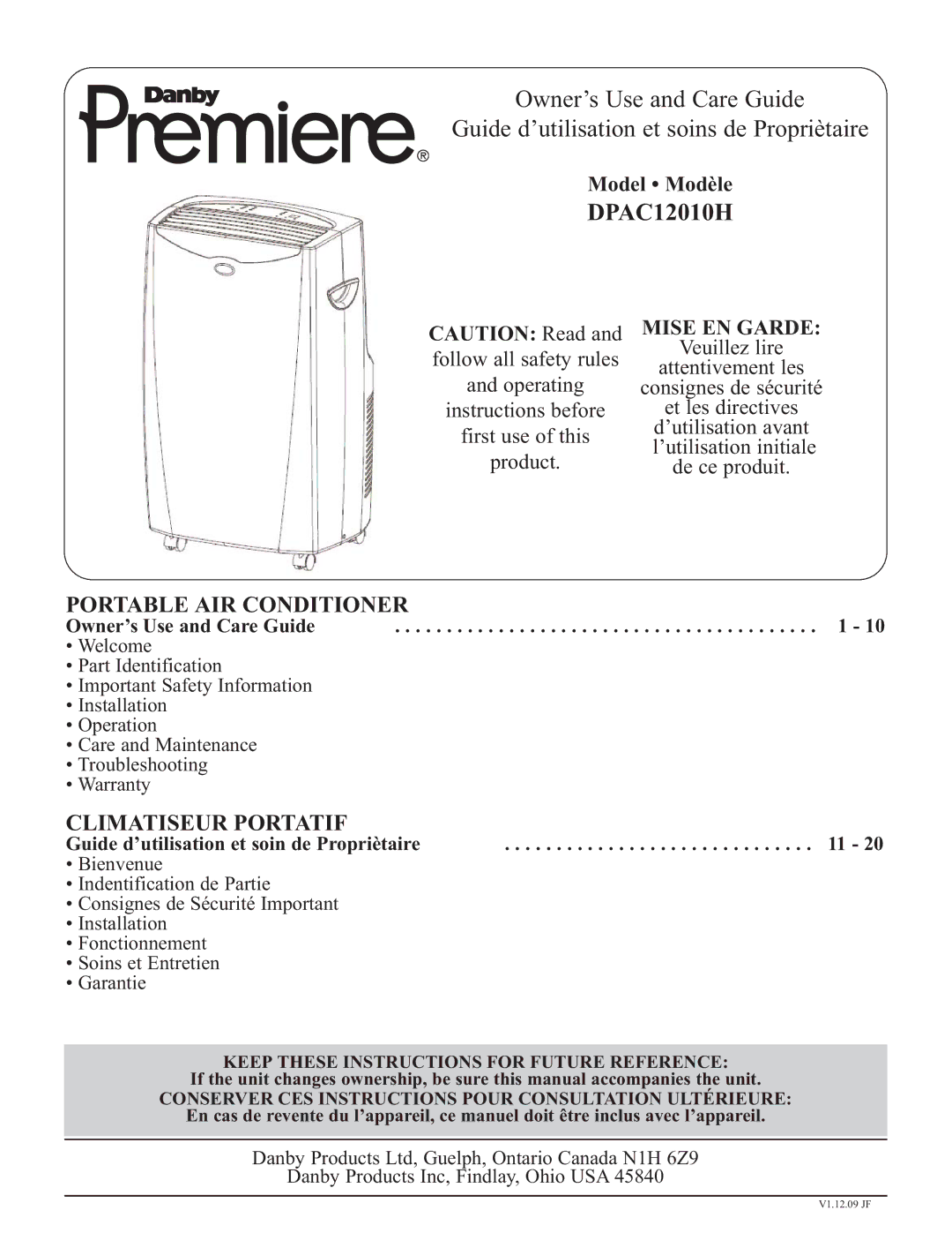 Danby DPAC12010H warranty Keep These Instructions for Future Reference 