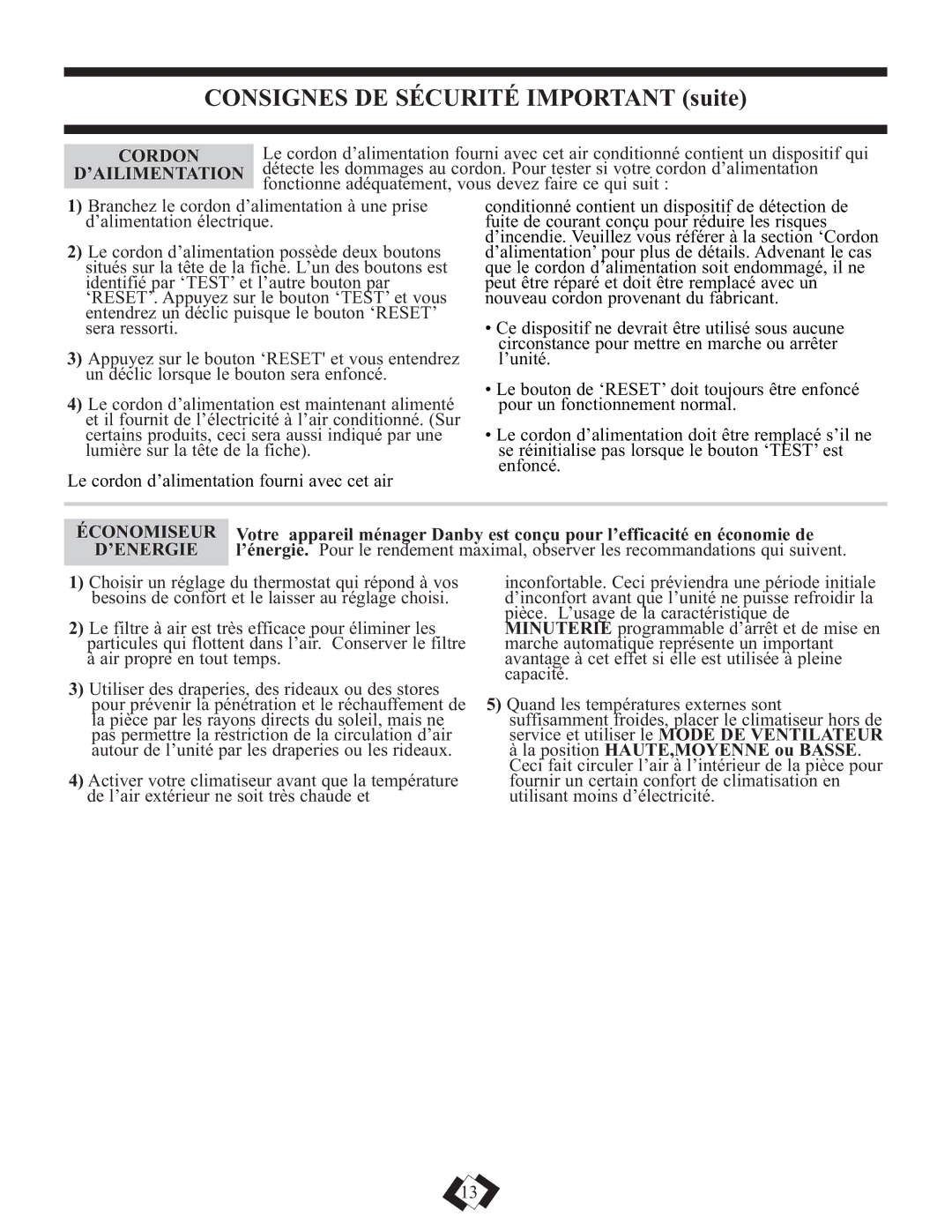 Danby DPAC12010H warranty Consignes DE Sécurité Important suite, Cordon, Économiseur, ’Energie 