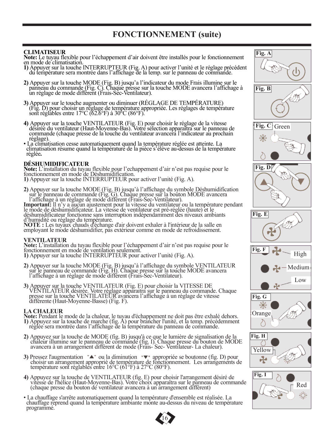 Danby DPAC12010H warranty Fonctionnement suite, Climatiseur 