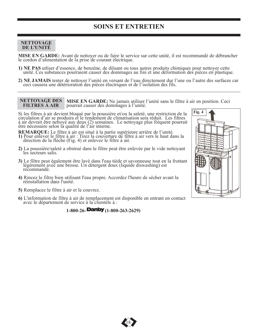 Danby DPAC12010H warranty Soins ET Entretien, Nettoyage DE L’UNITÉ, Nettoyage DES, Pourrait causer des dommages à l’unité 