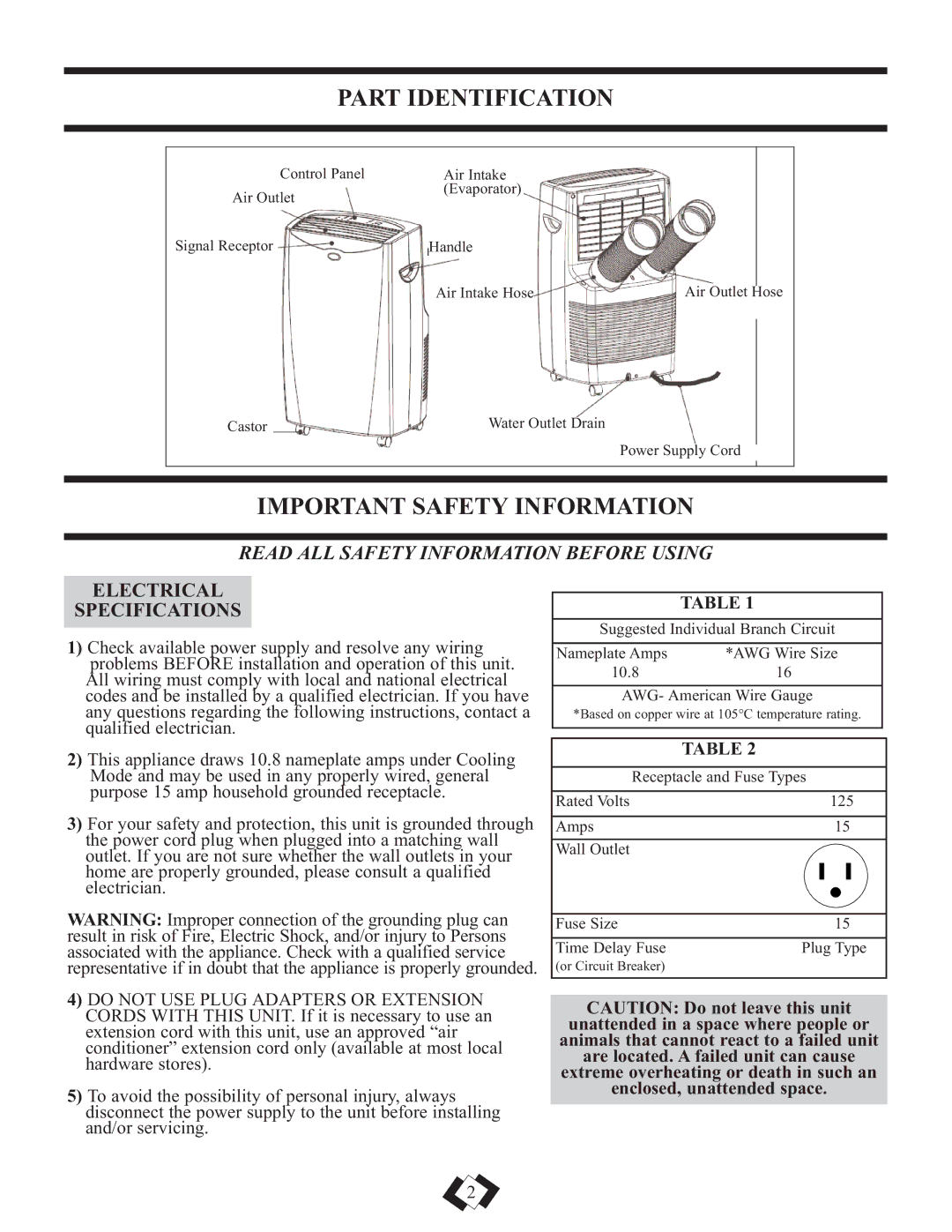 Danby DPAC12010H warranty Part Identification, Important Safety Information, Electrical Specifications 