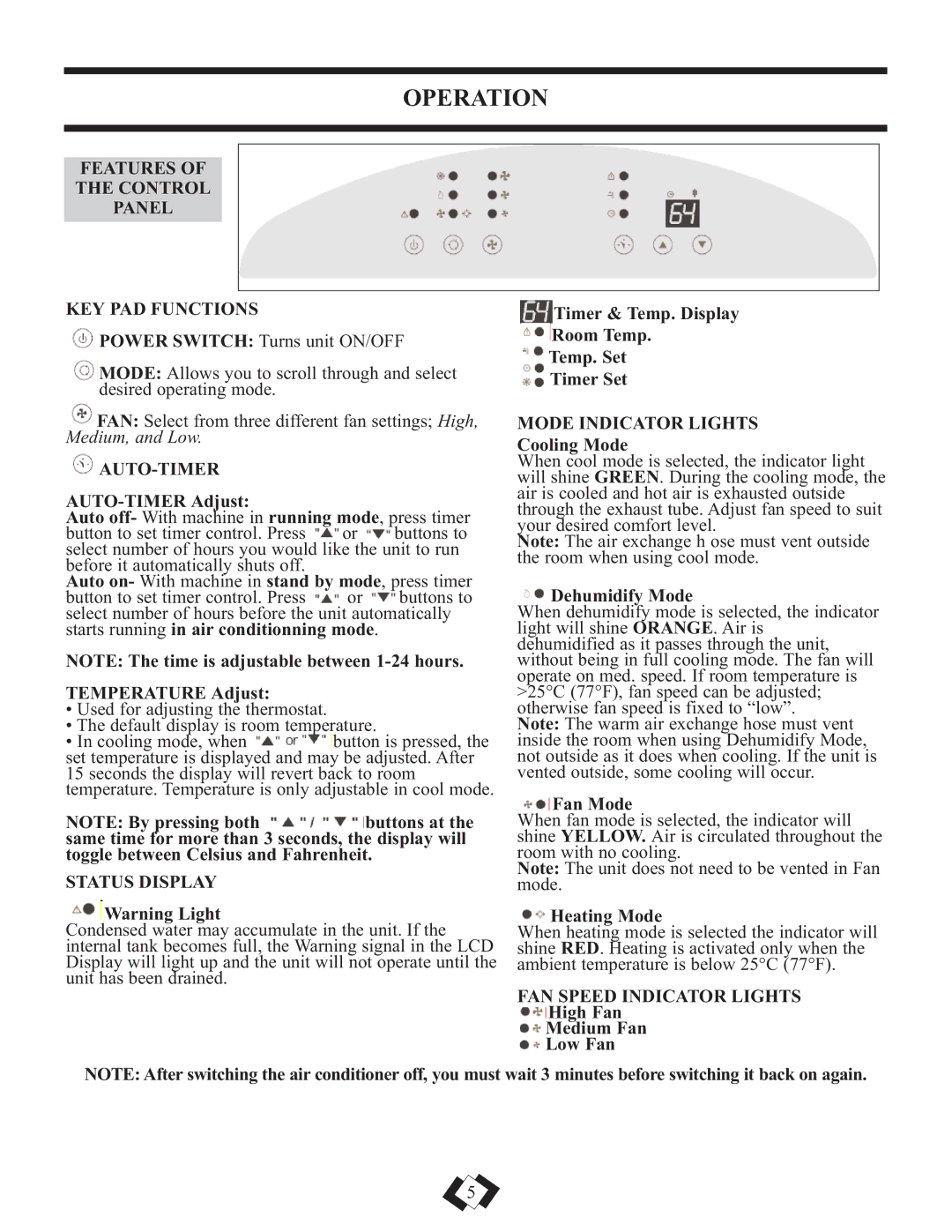 Danby DPAC12010H warranty Operation 