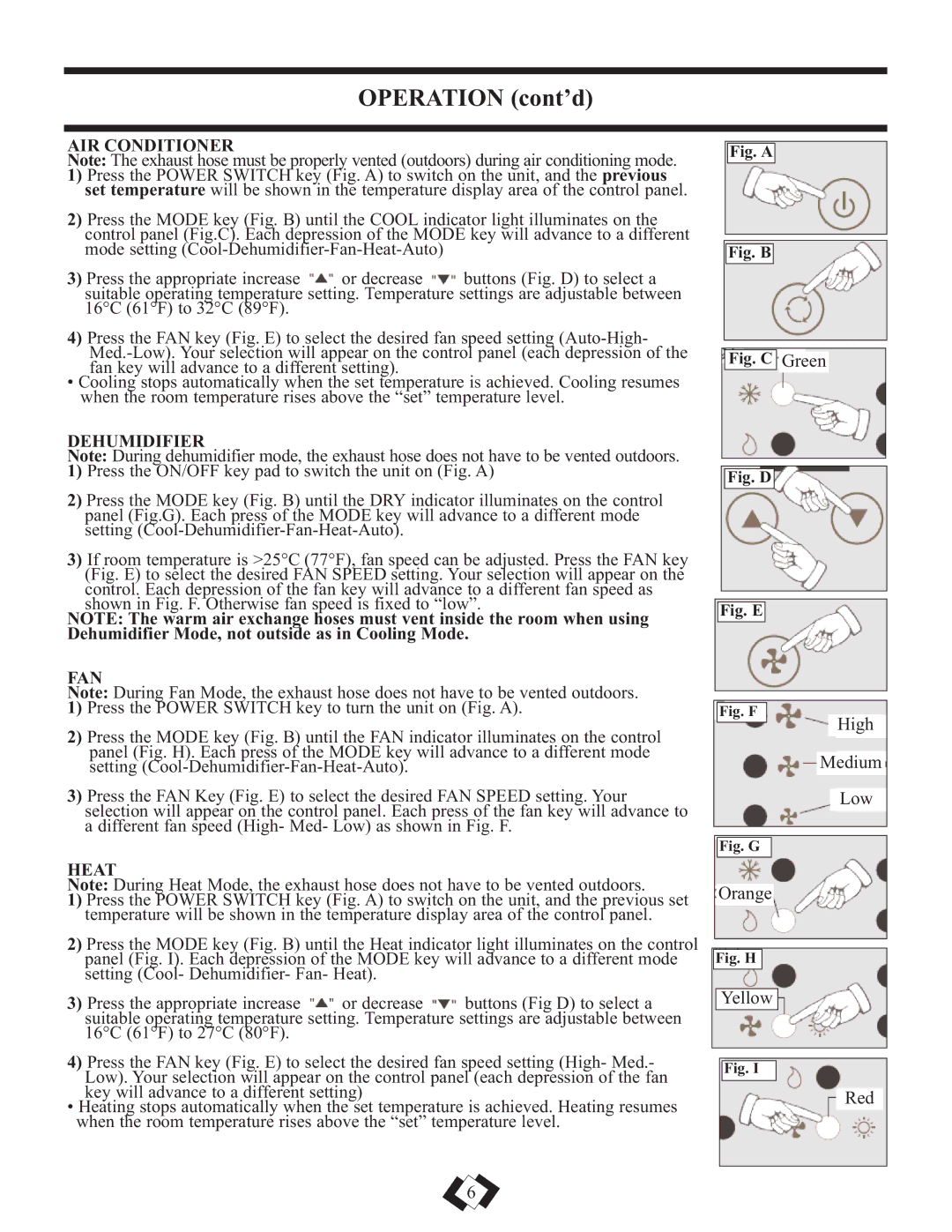 Danby DPAC12010H warranty Operation cont’d, AIR Conditioner 