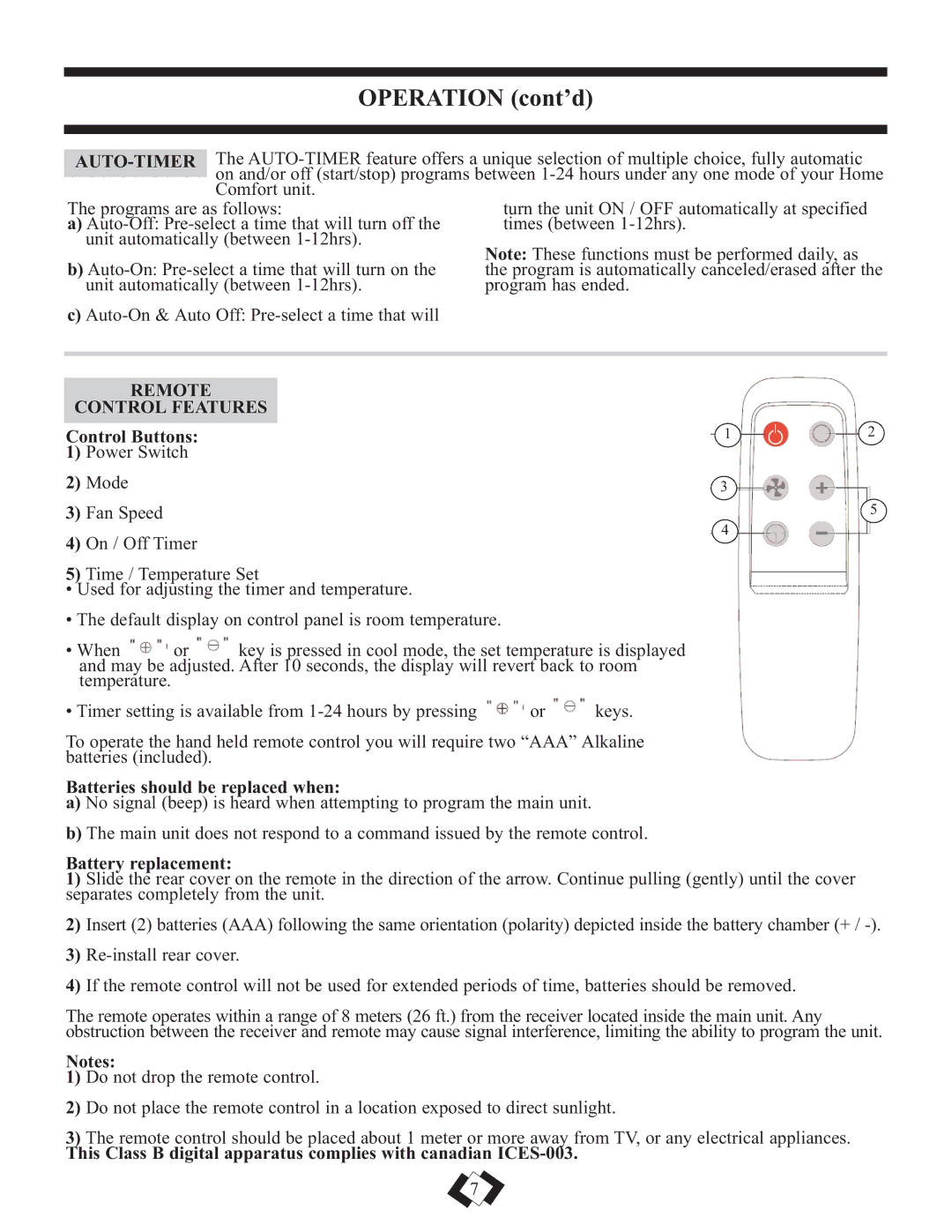 Danby DPAC12010H Remote Control Features, Control Buttons Power Switch Mode Fan Speed, Batteries should be replaced when 