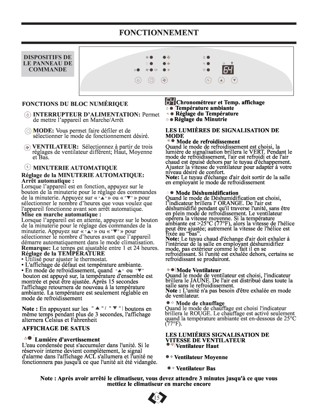 Danby DPAC12010H Fonctionnement, Dispositifs De Le Panneau De Commande, Fonctions Du Bloc Numérique, Minuterie Automatique 