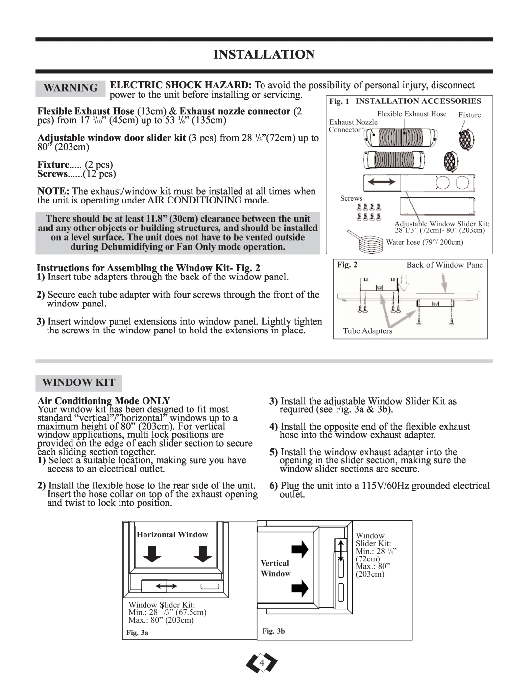 Danby DPAC12010H warranty Installation, Instructions for Assembling the Window Kit- Fig, Air Conditioning Mode ONLY 