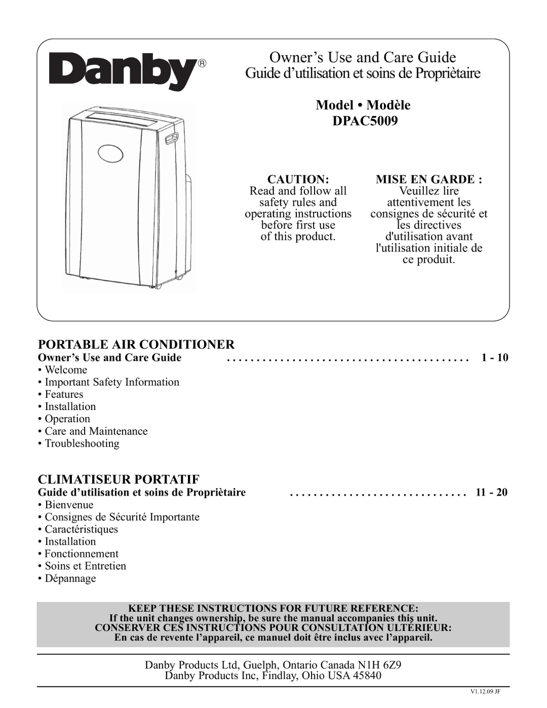 Danby manual Model Modèle DPAC5009, Keep These Instructions for Future Reference 