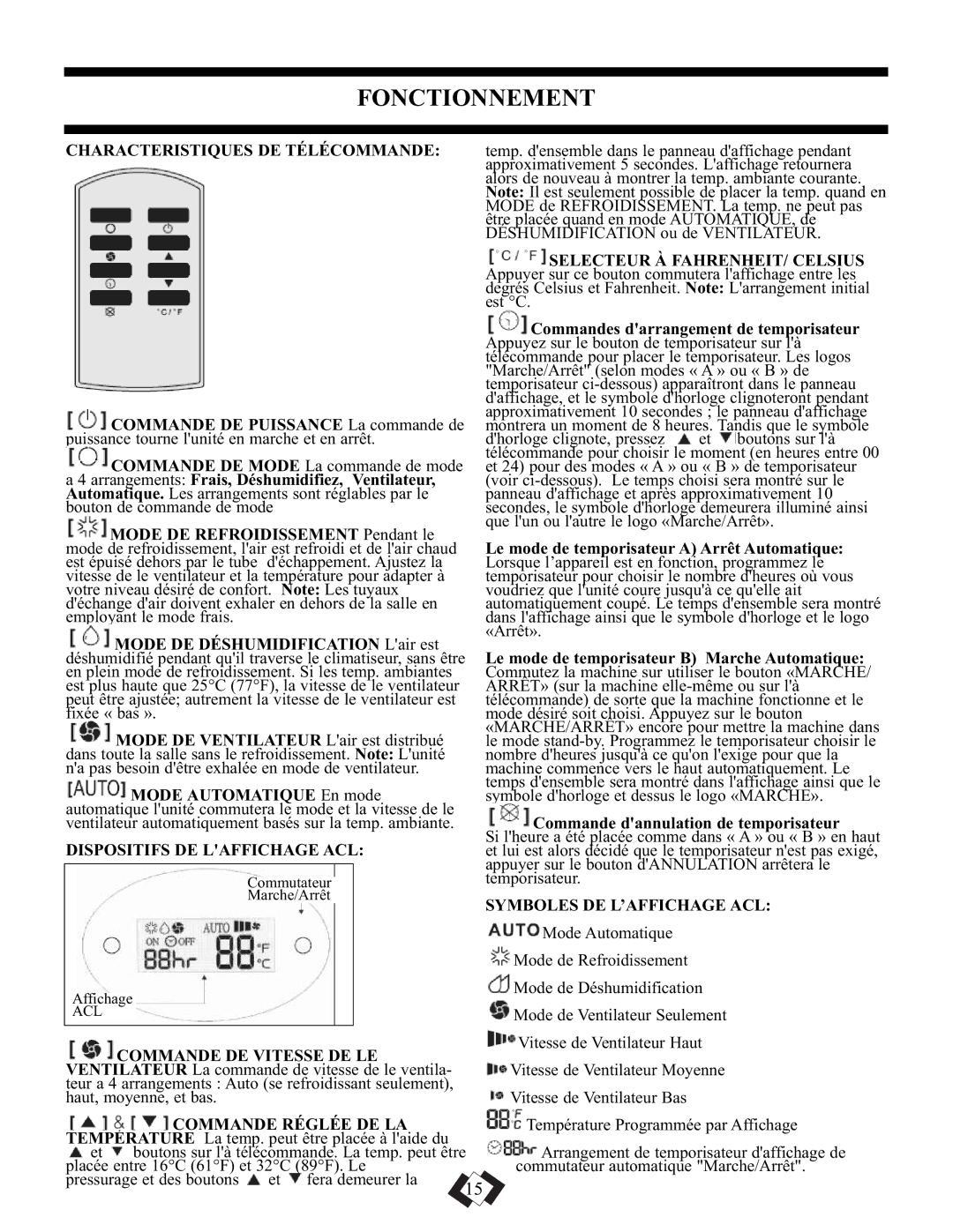 Danby DPAC5009 manual Fonctionnement, Characteristiques DE Télécommande 