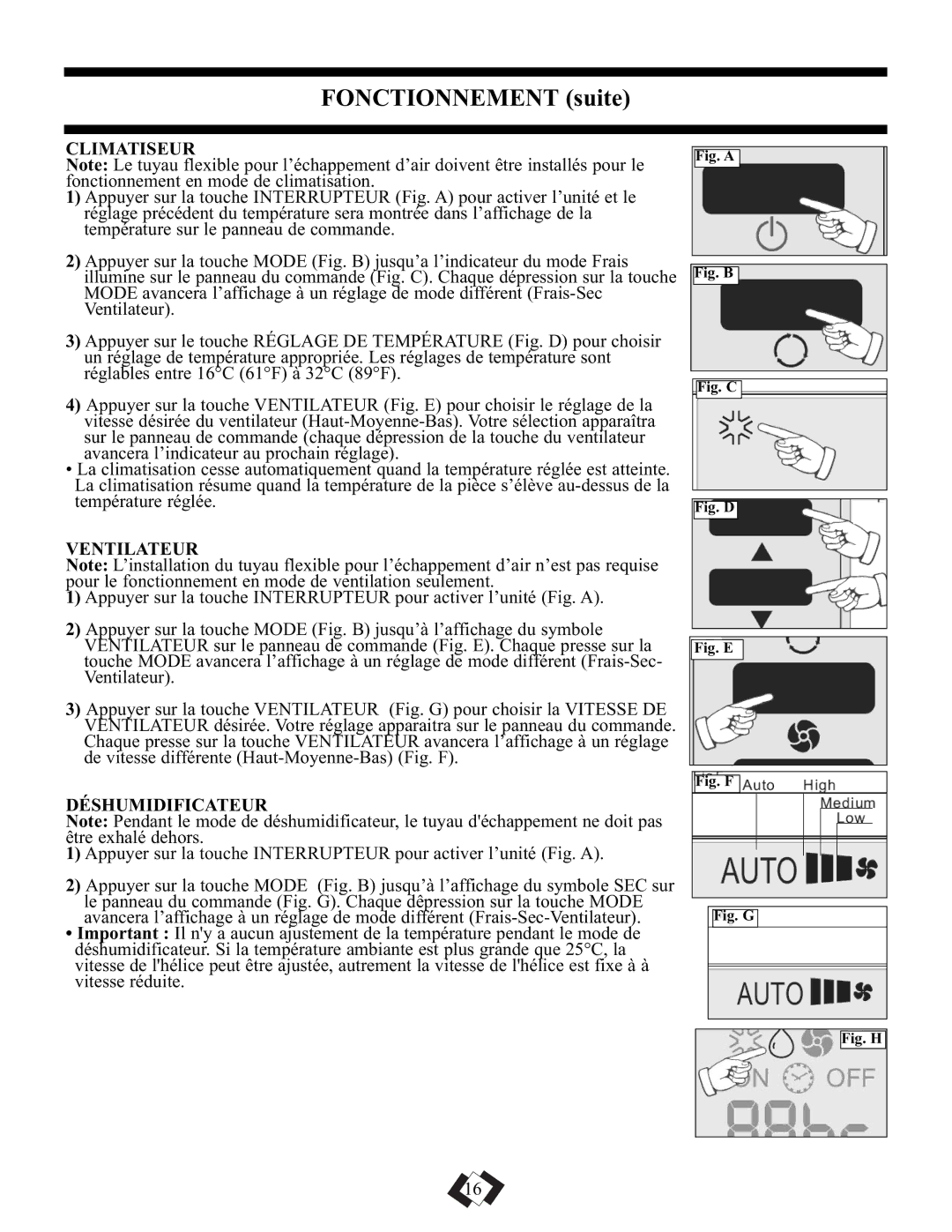 Danby DPAC5009 manual Fonctionnement suite, Climatiseur, Ventilateur, Déshumidificateur 