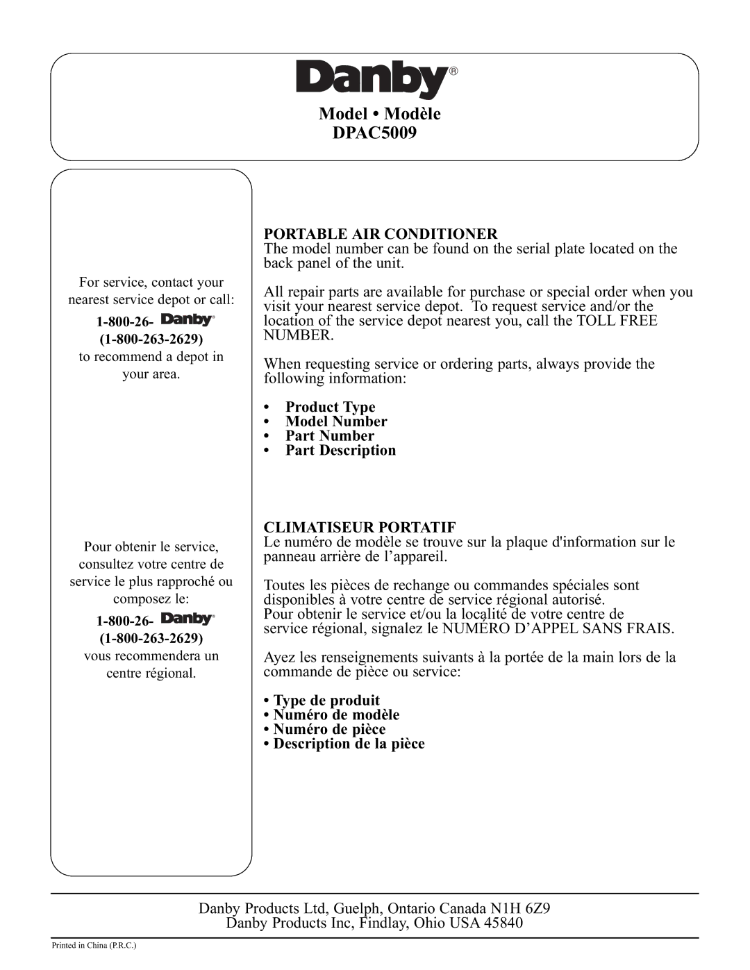 Danby manual Model Modèle DPAC5009 