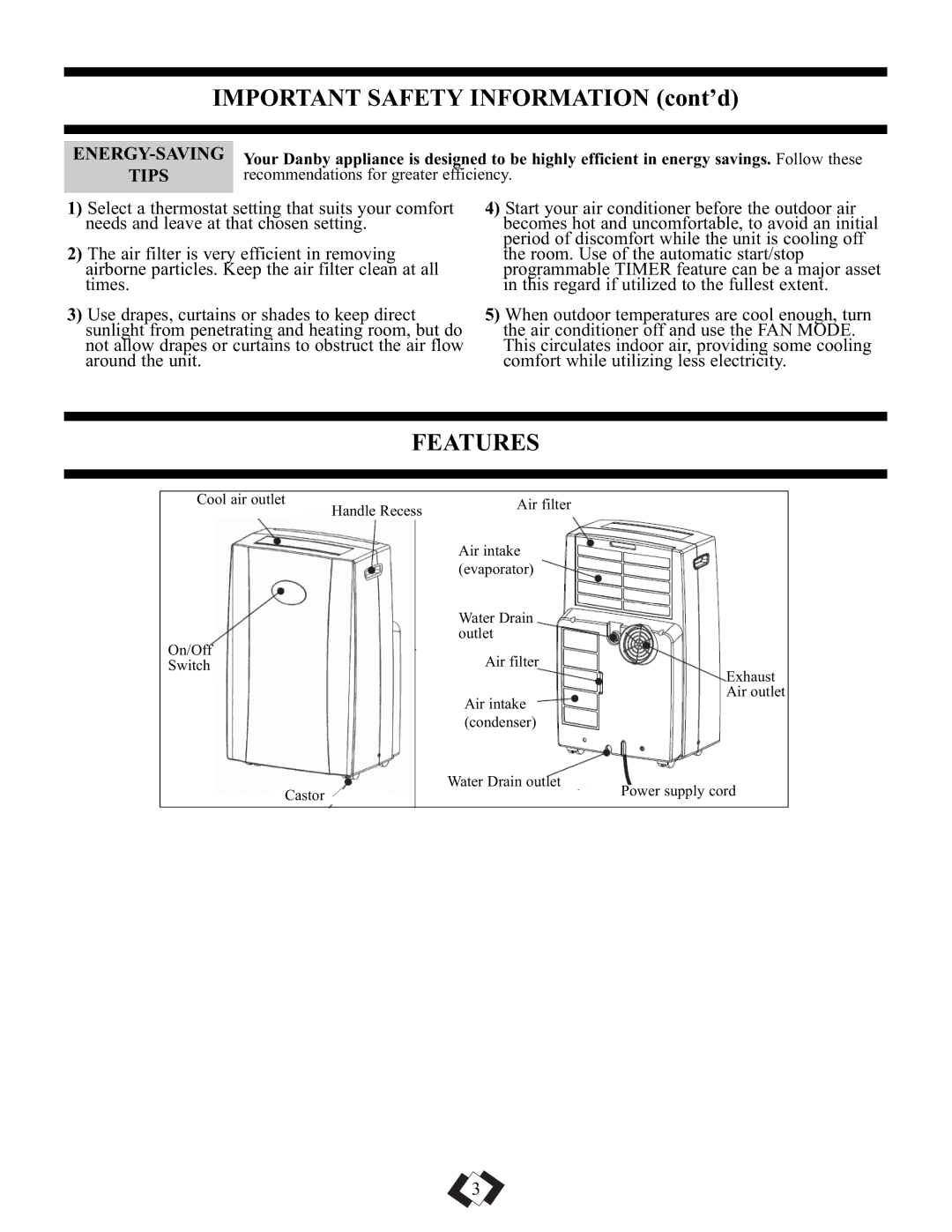 Danby DPAC5009 manual Important Safety Information cont’d, Features, Energy-Saving, Tips 