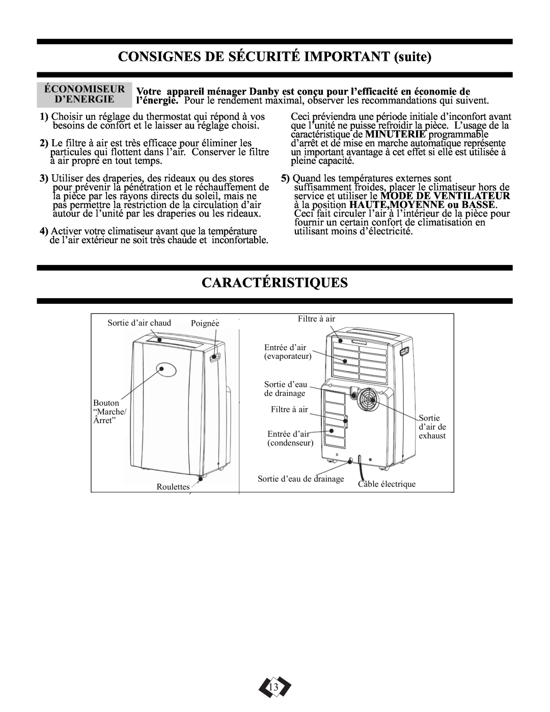 Danby DPAC5009 manual CONSIGNES DE SÉCURITÉ IMPORTANT suite, Caractéristiques, Économiseur, D’Energie 