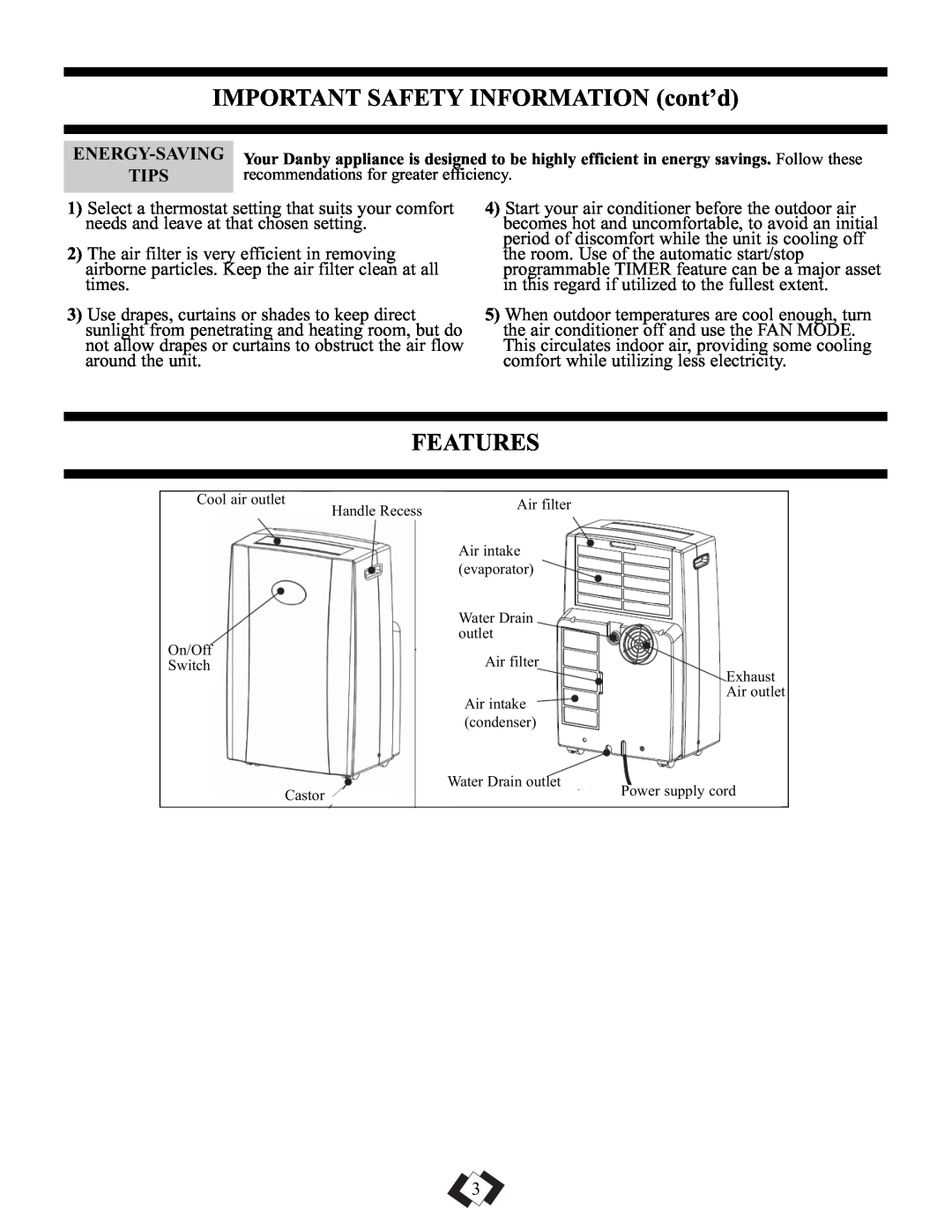 Danby DPAC5009 manual IMPORTANT SAFETY INFORMATION cont’d, Features, Energy-Saving, Tips 