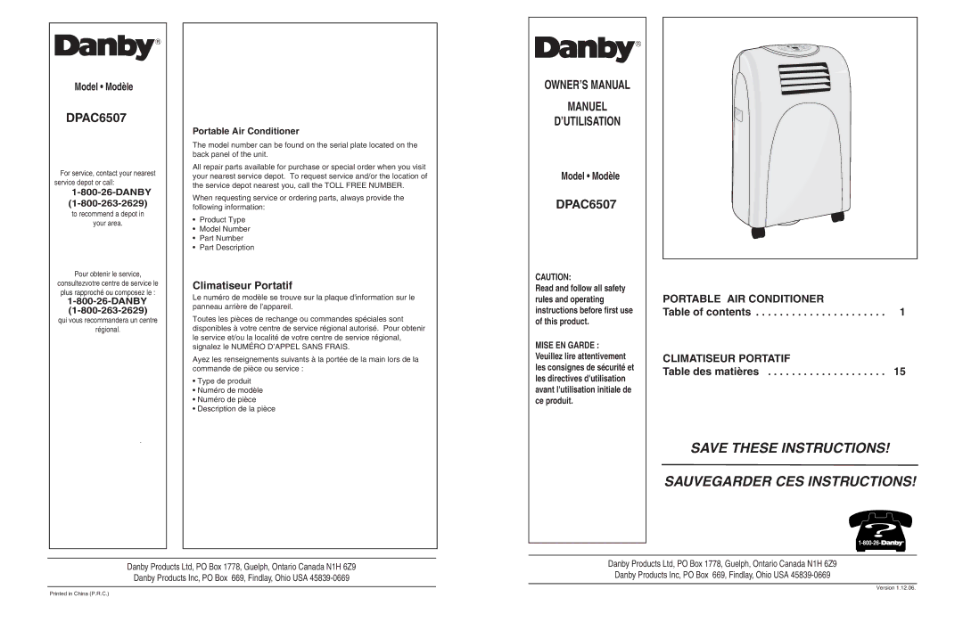 Danby DPAC6507 owner manual Climatiseur Portatif, Table of contents, Table des matières, Portable Air Conditioner 