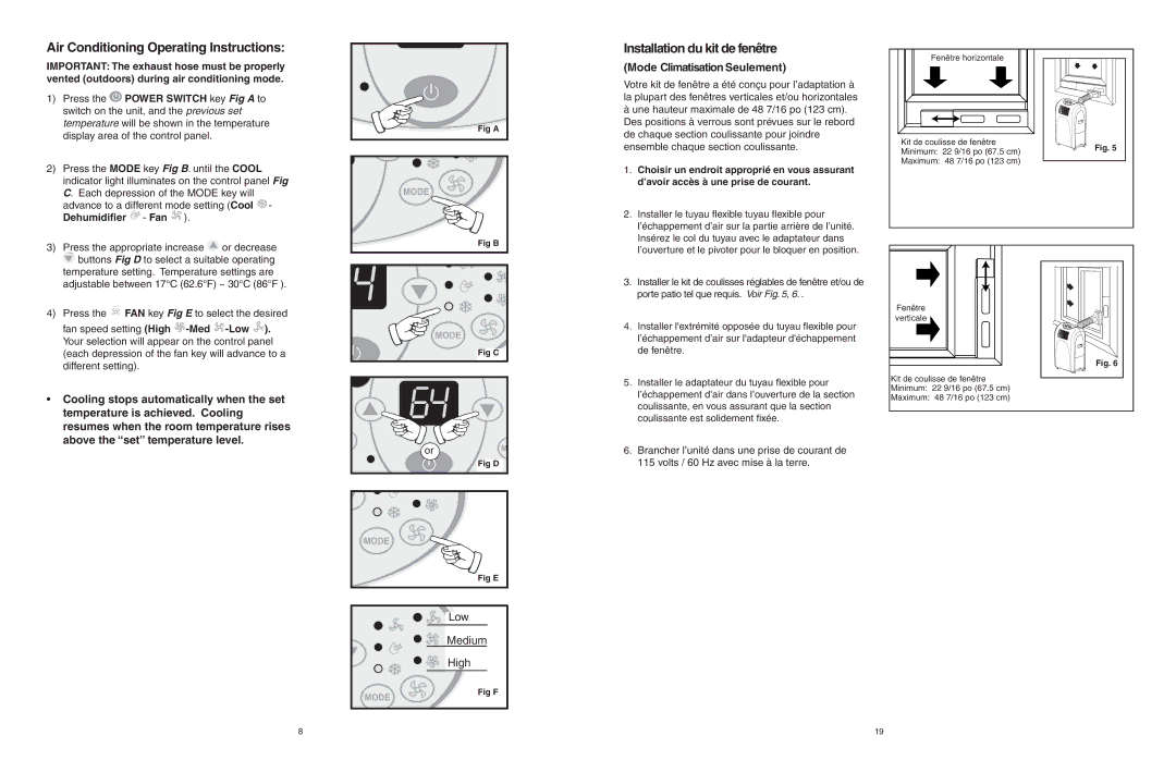 Danby DPAC6507 Air Conditioning Operating Instructions, Installation du kit de fenêtre, Mode Climatisation Seulement 