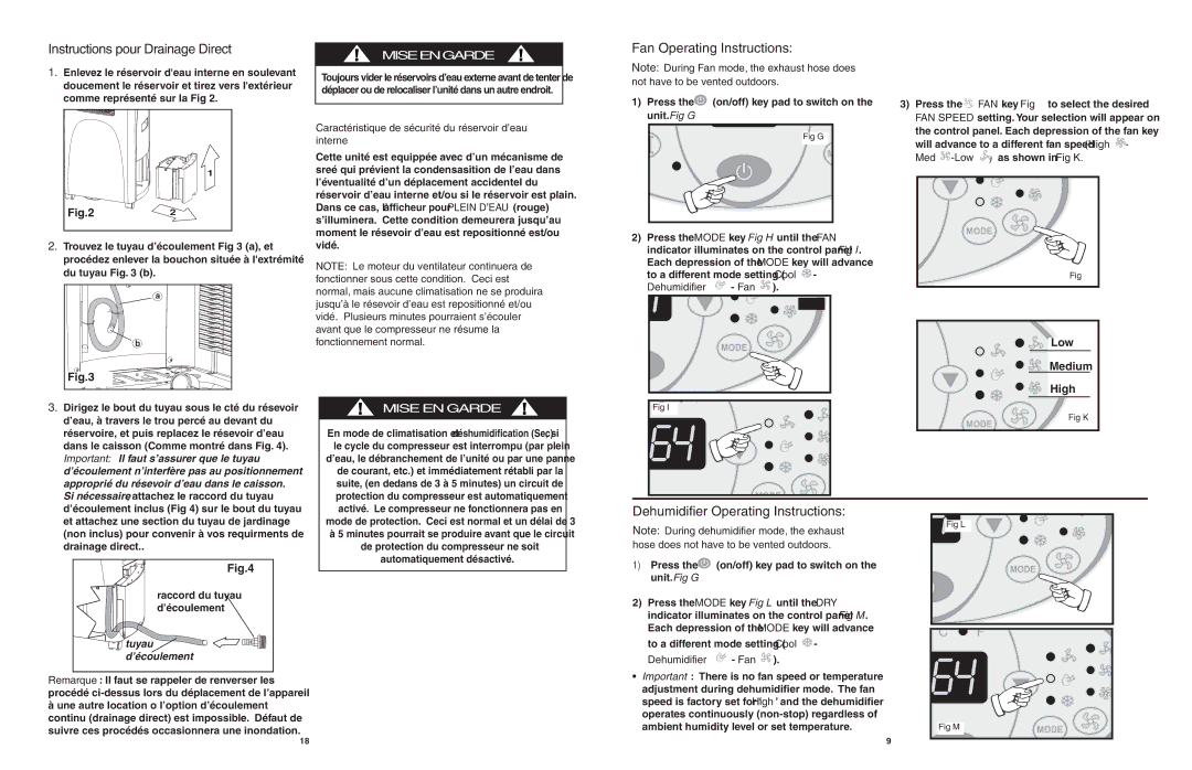 Danby DPAC6507 owner manual Mise EN Garde, Instructions pour Drainage Direct, Fan Operating Instructions 