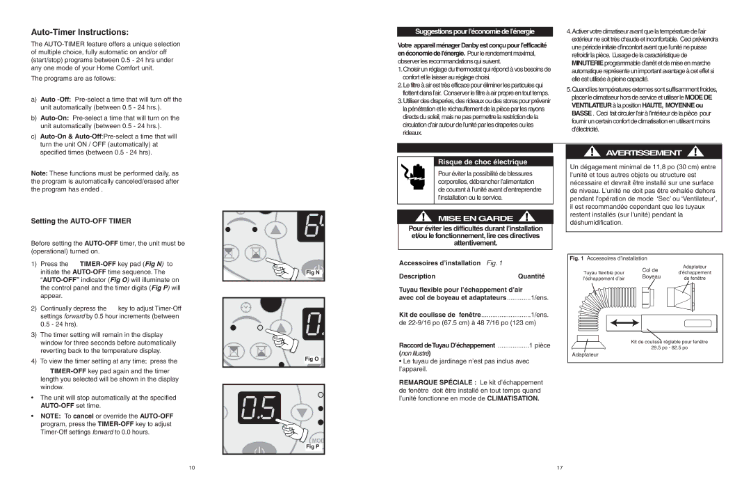 Danby DPAC6507 owner manual Avertissement, Installation dans la fenêtre, Auto-Timer Instructions, Risque de choc électrique 