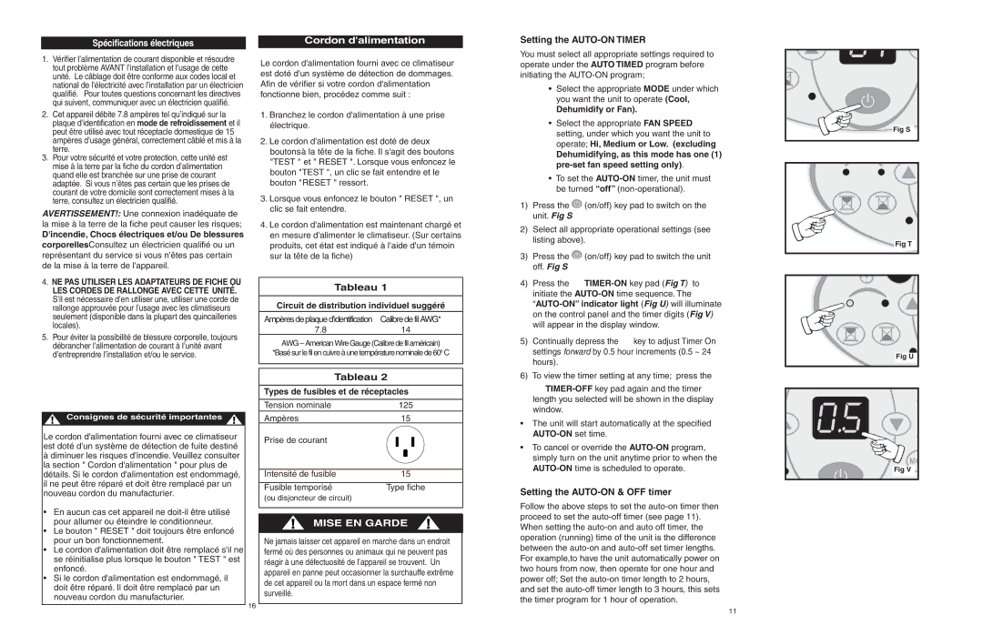 Danby DPAC6507 owner manual Cordon dalimentation, Setting the AUTO-ON Timer, Consignes de sécurité importantes 