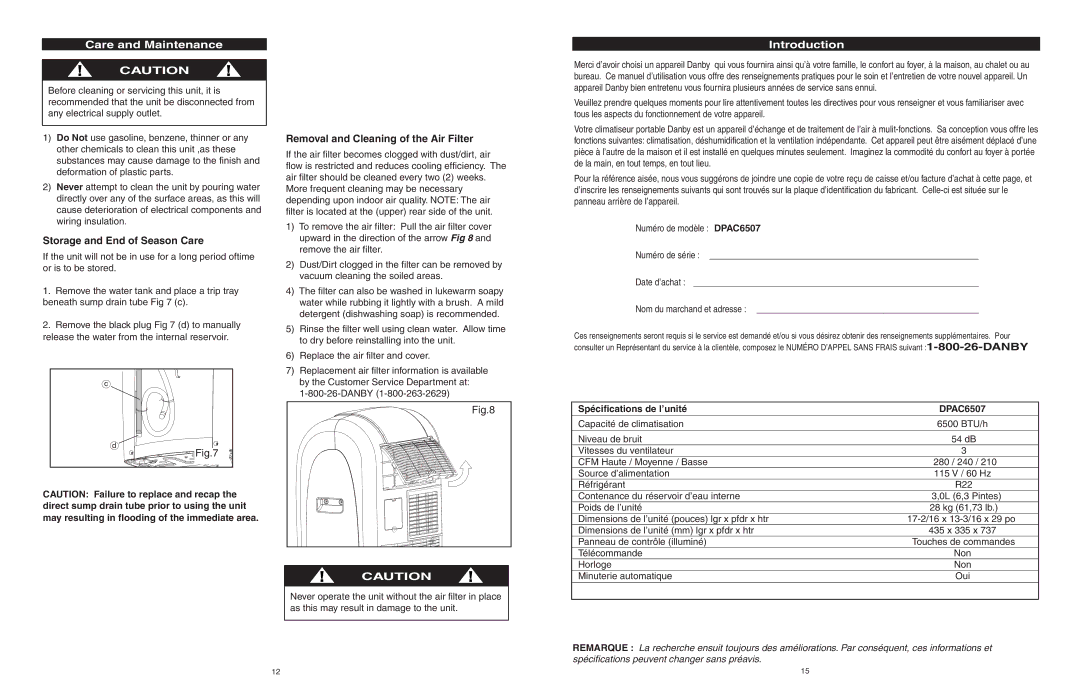 Danby DPAC6507 owner manual Care and Maintenance, Storage and End of Season Care, Removal and Cleaning of the Air Filter 