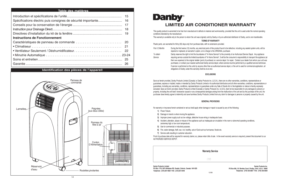 Danby DPAC6507 owner manual Table des matières, Identification des pièces de l’appareil, Instructions de Fonctionnement 