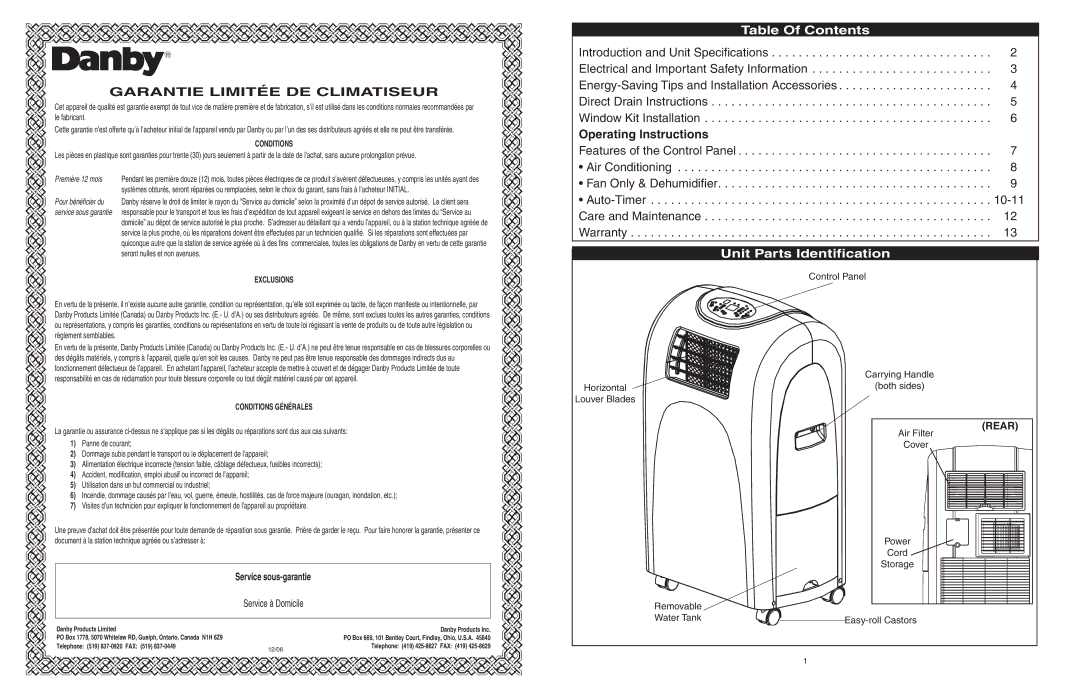 Danby DPAC6507 owner manual Garantie Limitée DE Climatiseur 