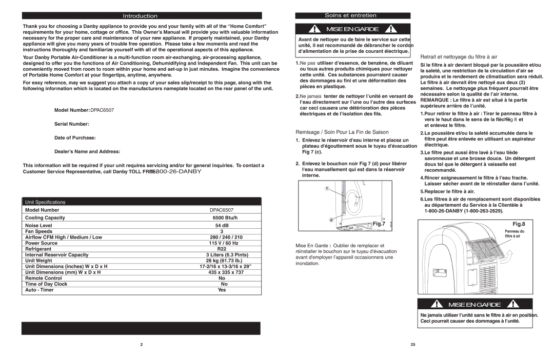 Danby DPAC6507 owner manual Miseengarde, Introduction, Soins et entretien, Remisage / Soin Pour La Fin de Saison 