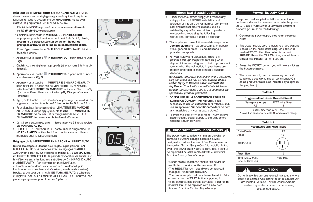 Danby DPAC6507 owner manual Electrical Specifications, TfPower Supply Cord, Réglage de la Minuterie EN Marche et Arrêt Auto 