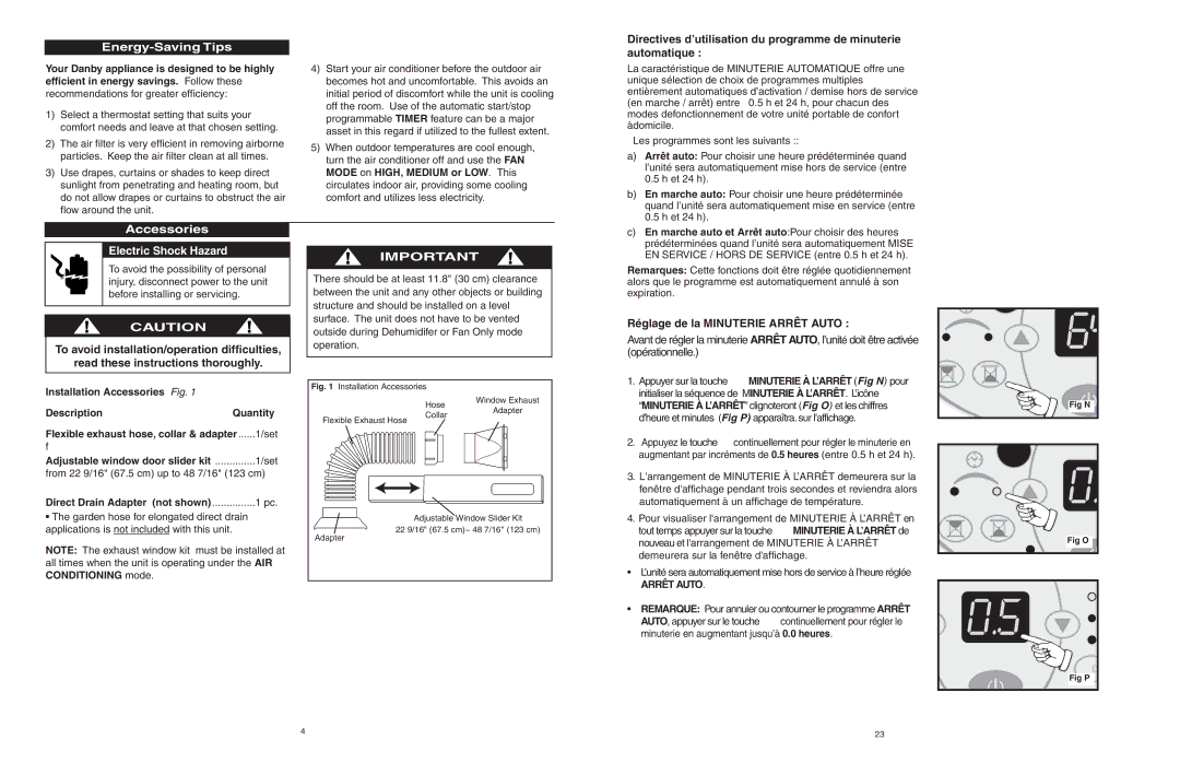 Danby DPAC6507 owner manual Energy-Saving Tips, Accessories, Electric Shock Hazard, Réglage de la Minuterie Arrêt Auto 