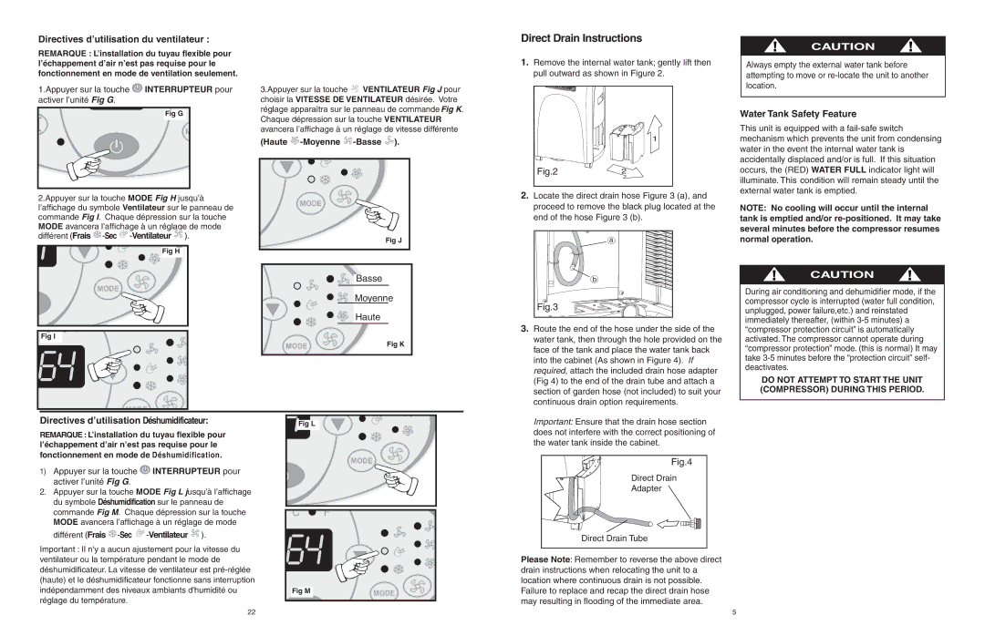 Danby DPAC6507 owner manual Direct Drain Instructions, Directives d’utilisation du ventilateur, Water Tank Safety Feature 