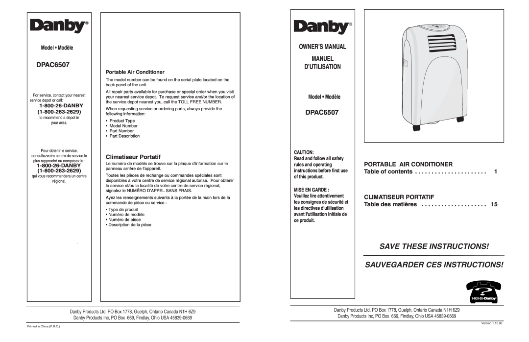 Danby DPAC6507 owner manual Climatiseur Portatif, Portable Air Conditioner, Table of contents, Save These Instructions 