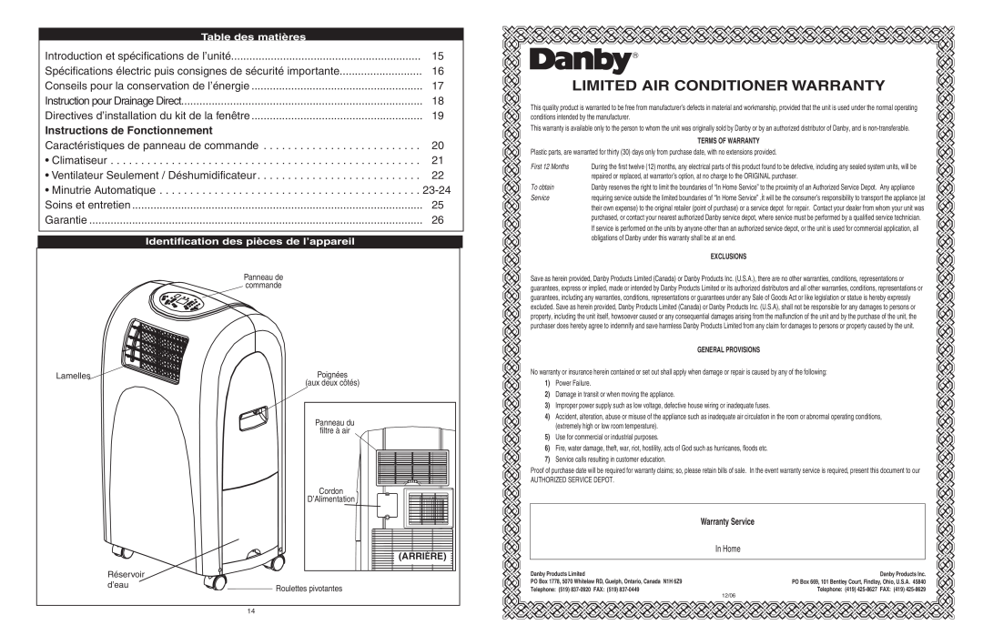 Danby DPAC6507 owner manual Limited Air Conditioner Warranty, Table des matières, Identification des pièces de l’appareil 
