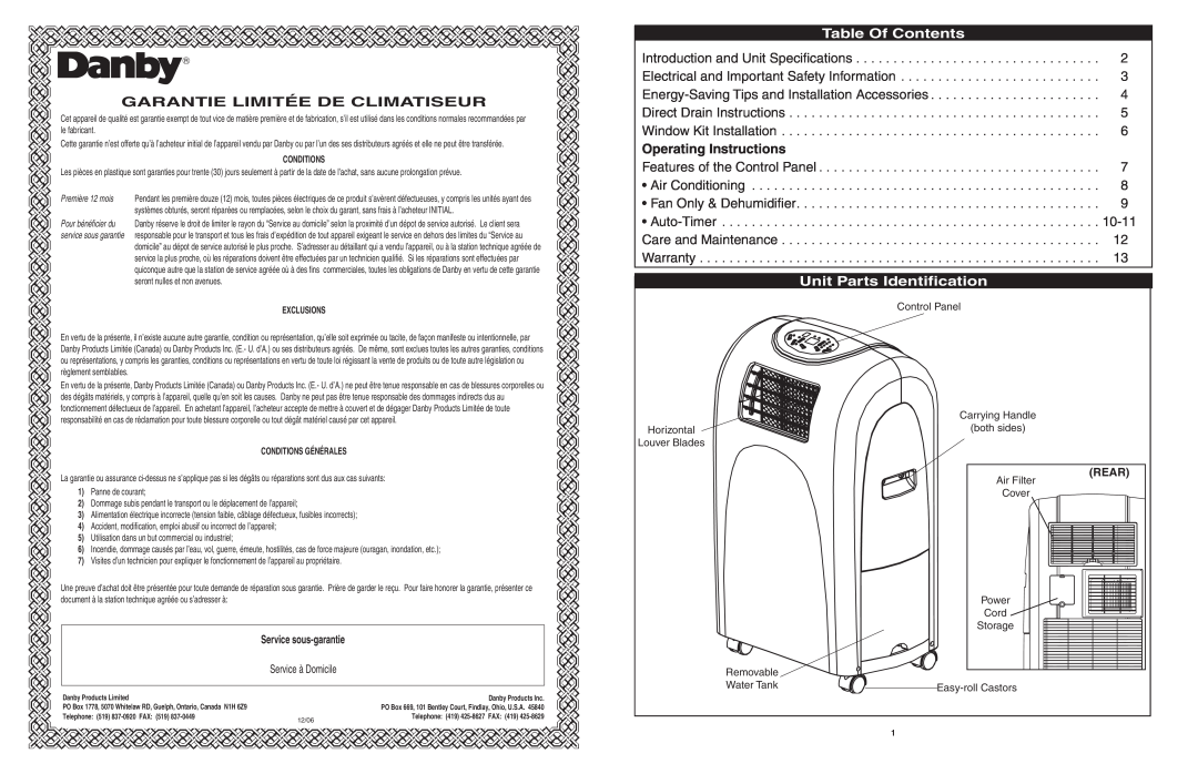 Danby DPAC6507 Garantie Limitée De Climatiseur, Operating Instructions, Table Of Contents, Unit Parts Identification 