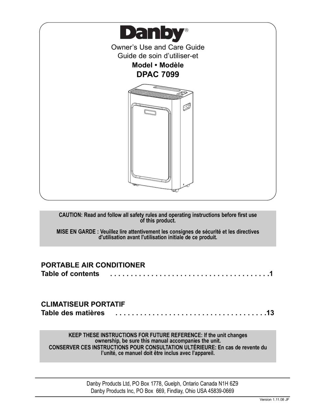 Danby DPAC7099 operating instructions Dpac, Climatiseur Portatif 