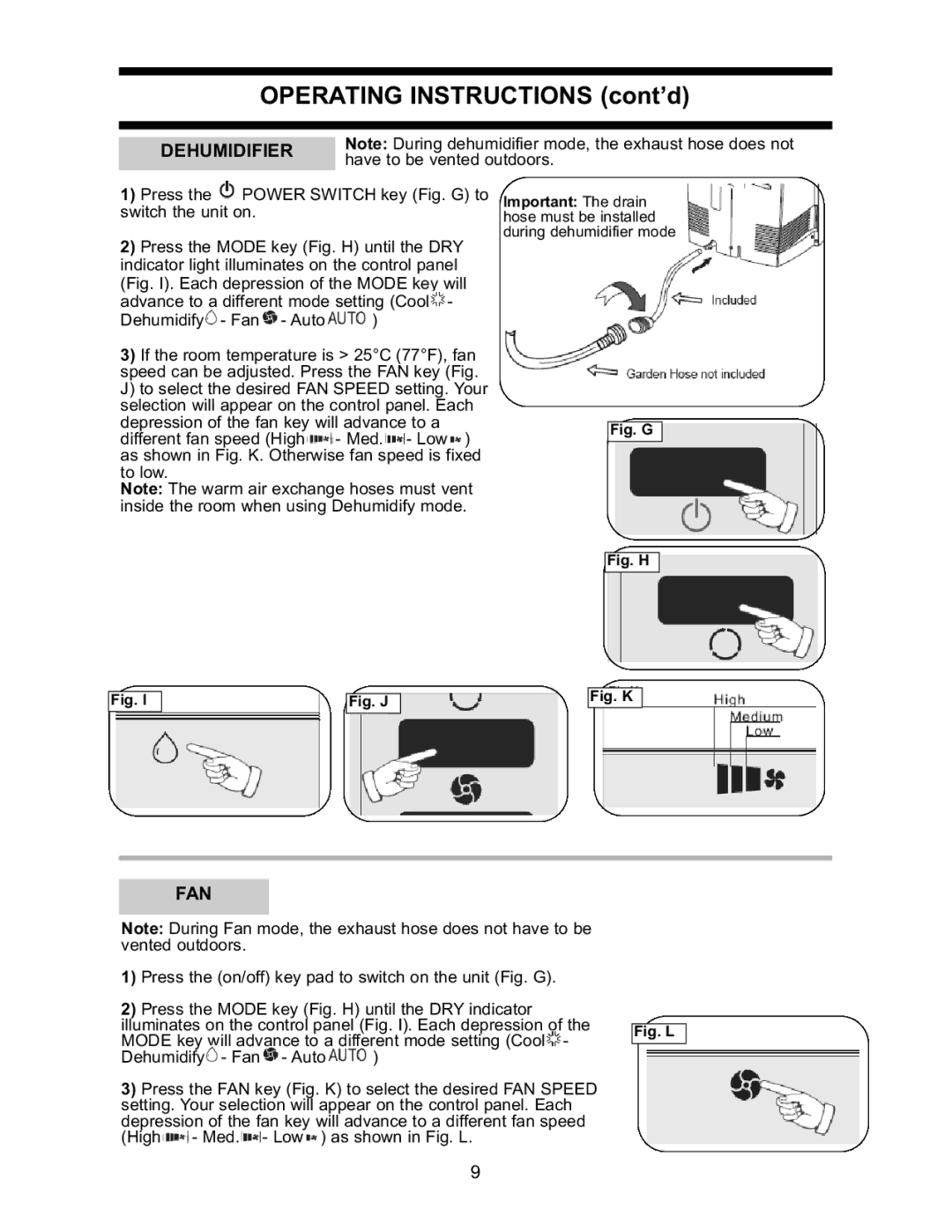 Danby DPAC7099 operating instructions Operating Instructions cont’d, Dehumidifier, Fan 