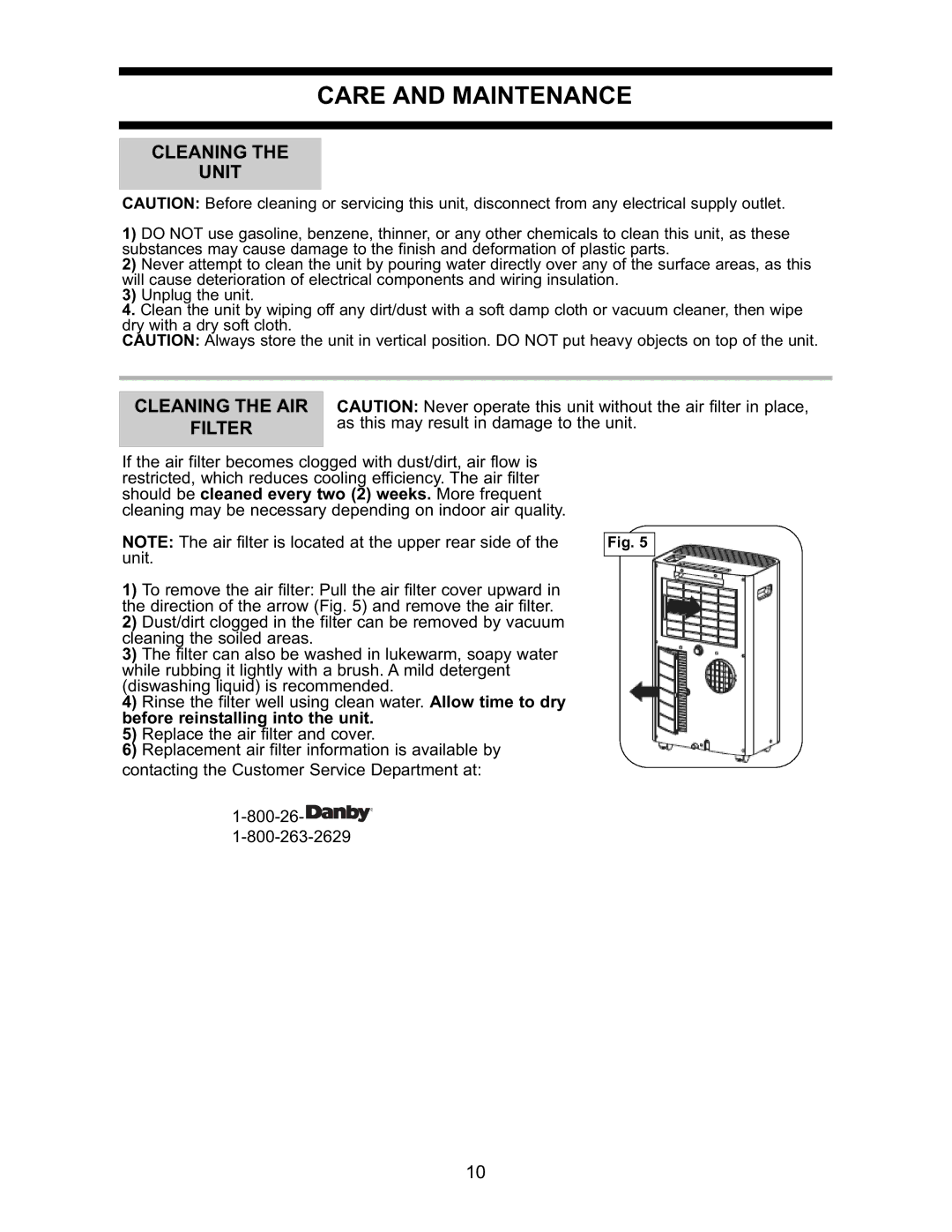 Danby DPAC7099 operating instructions Care and Maintenance, Cleaning Unit, Filter 