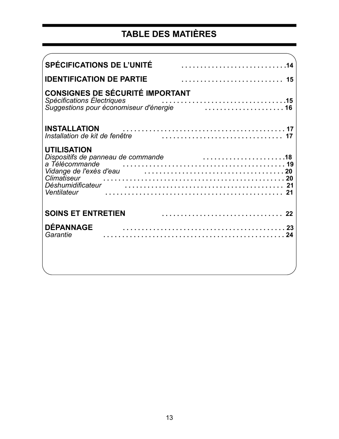 Danby DPAC7099 Table DES Matières, Spécifications DE L’UNITÉ Identification DE Partie, Soins ET Entretien 