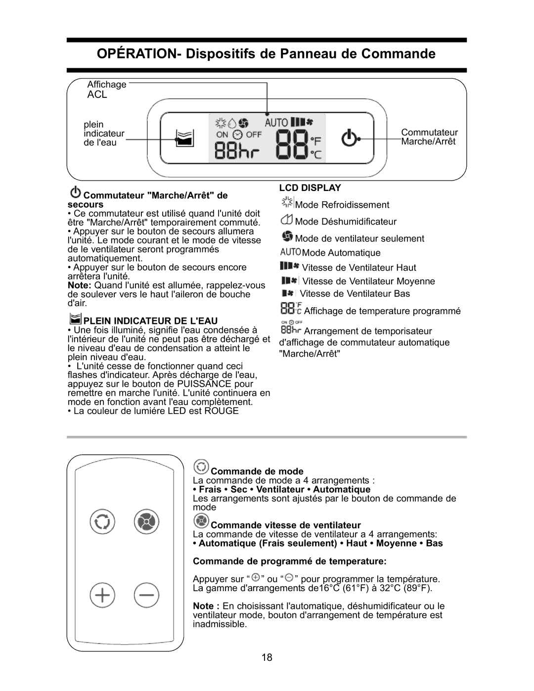 Danby DPAC7099 operating instructions OPÉRATION- Dispositifs de Panneau de Commande, Plein Indicateur DE Leau 