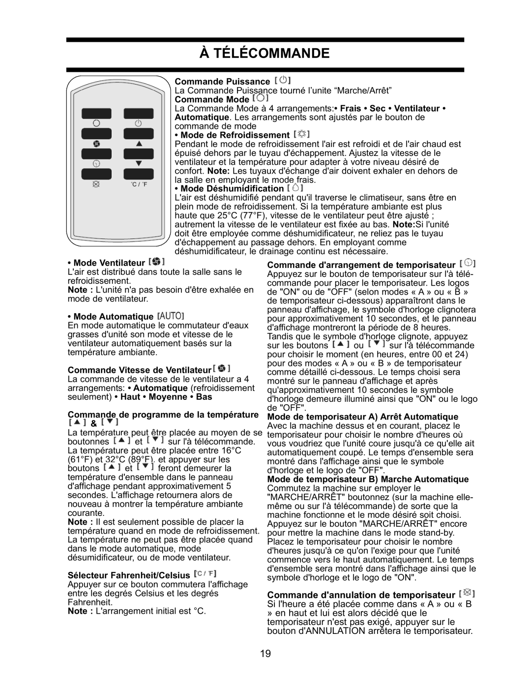 Danby DPAC7099 operating instructions Télécommande 