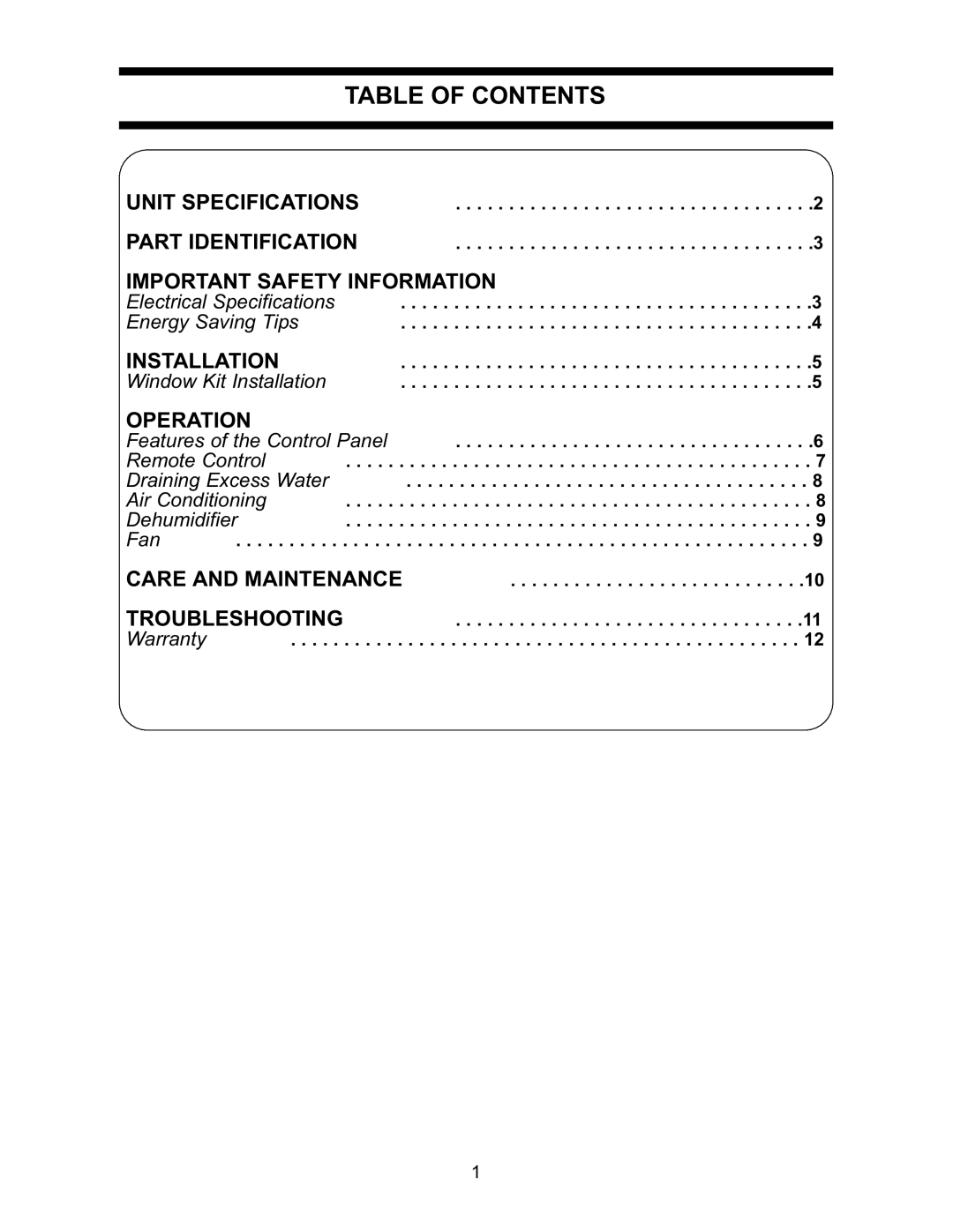 Danby DPAC7099 operating instructions Table of Contents 