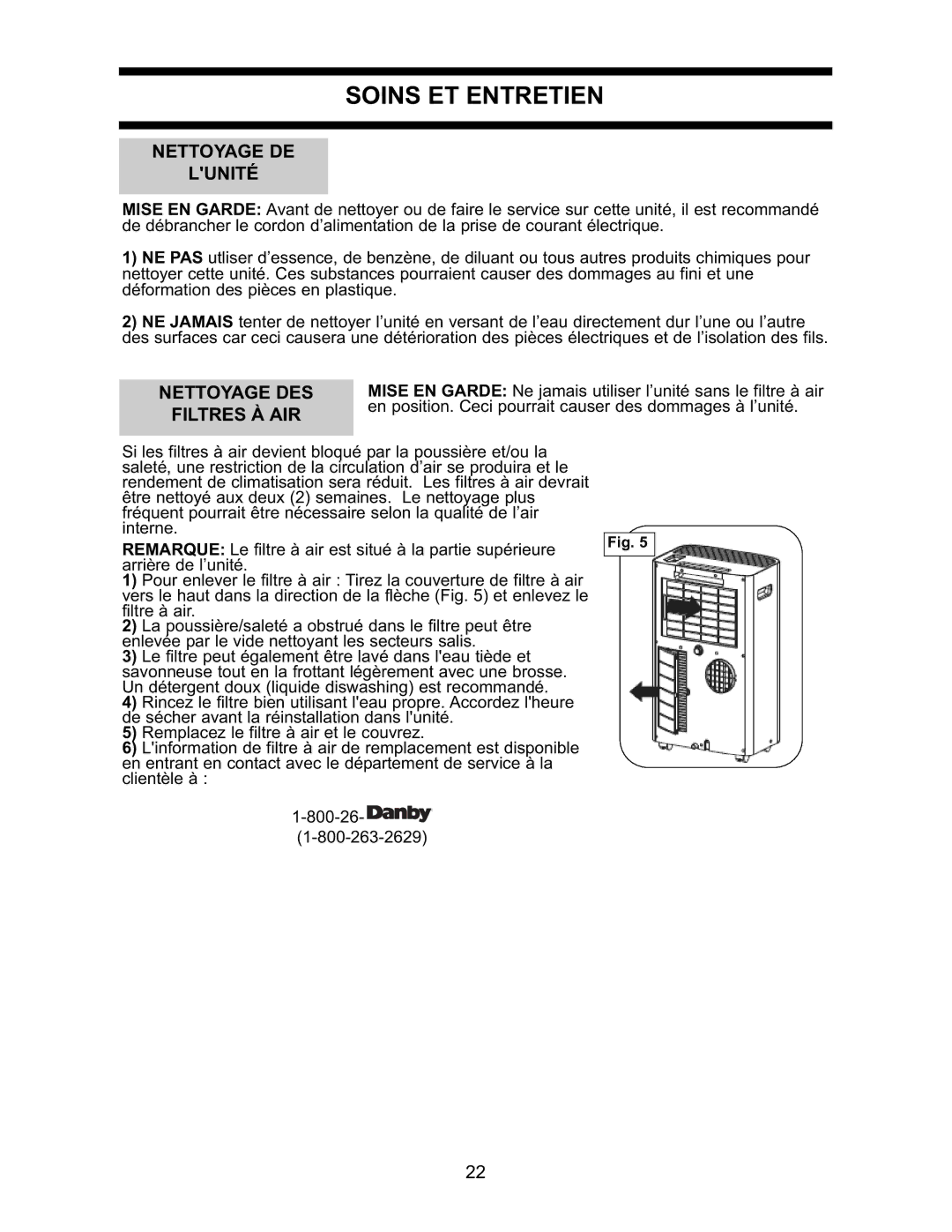 Danby DPAC7099 operating instructions Soins ET Entretien, Nettoyage DE Lunité, Nettoyage DES 